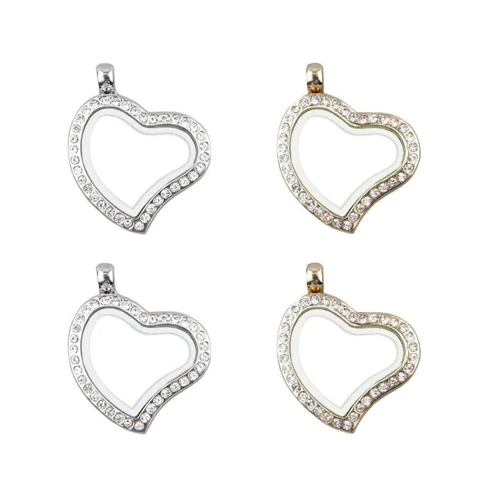 WANDIC Rhinestone Photo Charm, 4 Pcs Heart Shaped Crystal Photo Pendant Bridal Wedding Bouquet Charms Memory Lockets for 2 Pictures