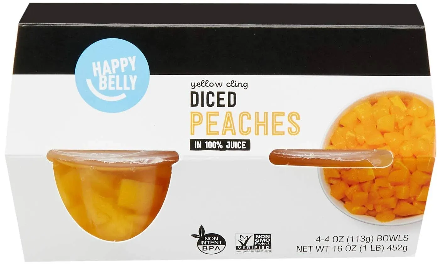 Happy Belly Yellow Cling Diced Peaches in 100% Juice Fruit Bowls Total 16 oz