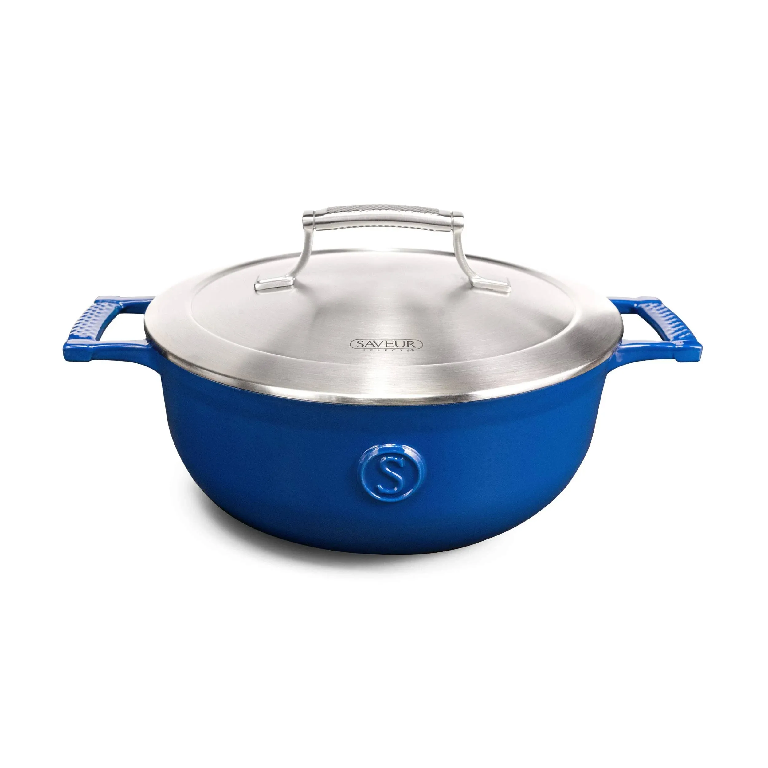 Enameled Cast Iron 3-1/2-Quart Saucier with Stainless Steel Lid, Classic Blue, Voyage Series