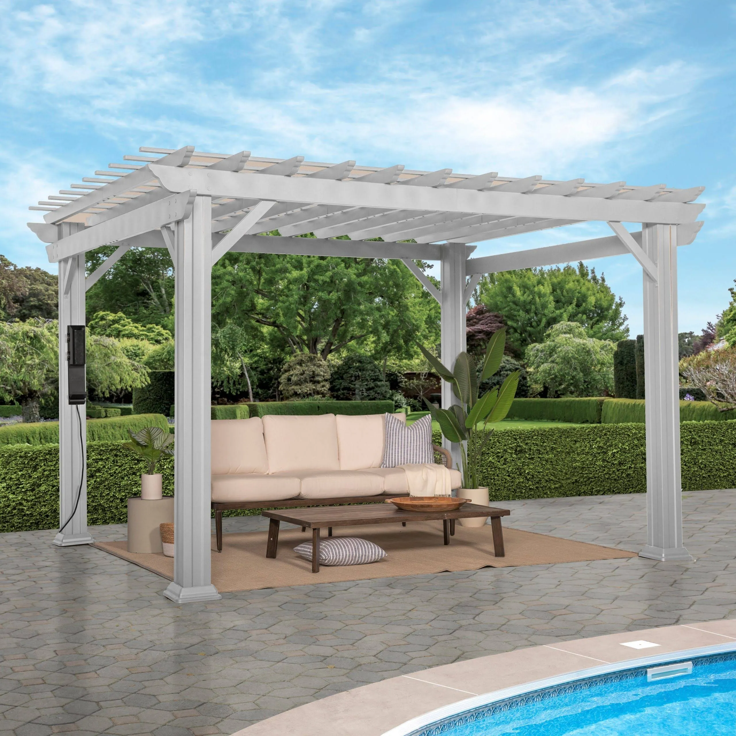 14X10 Ft Hawthorne White Galvanized Steel Pergola W/Soft Sail Shade, Spacious, Rust Resistant, UV Protection, Resist Winds up to 100 MPH, Durable, Powerport USB & Electrical Outlet