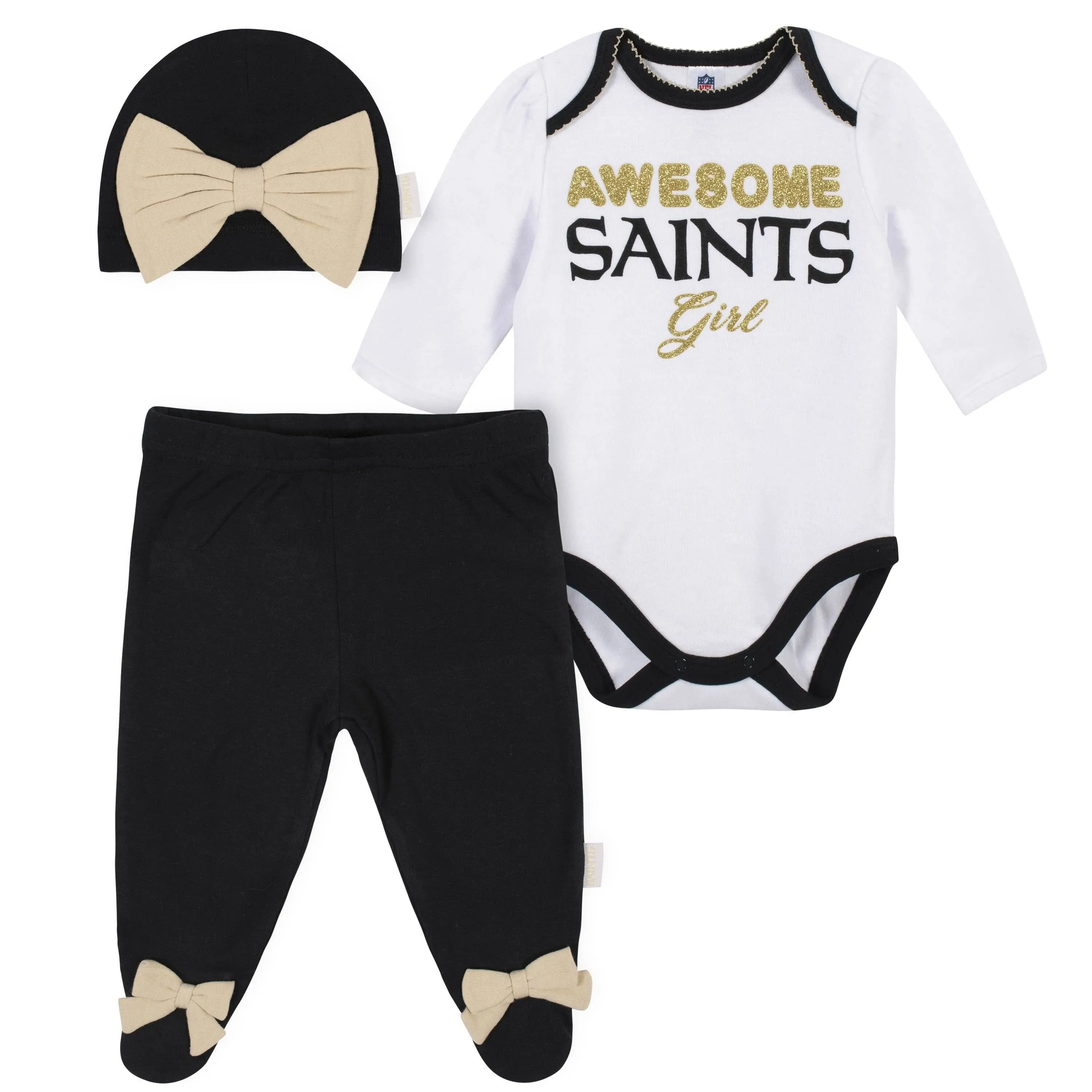 Awesome Saints Baby Girl Bodysuit, Footed Pant & Cap Set