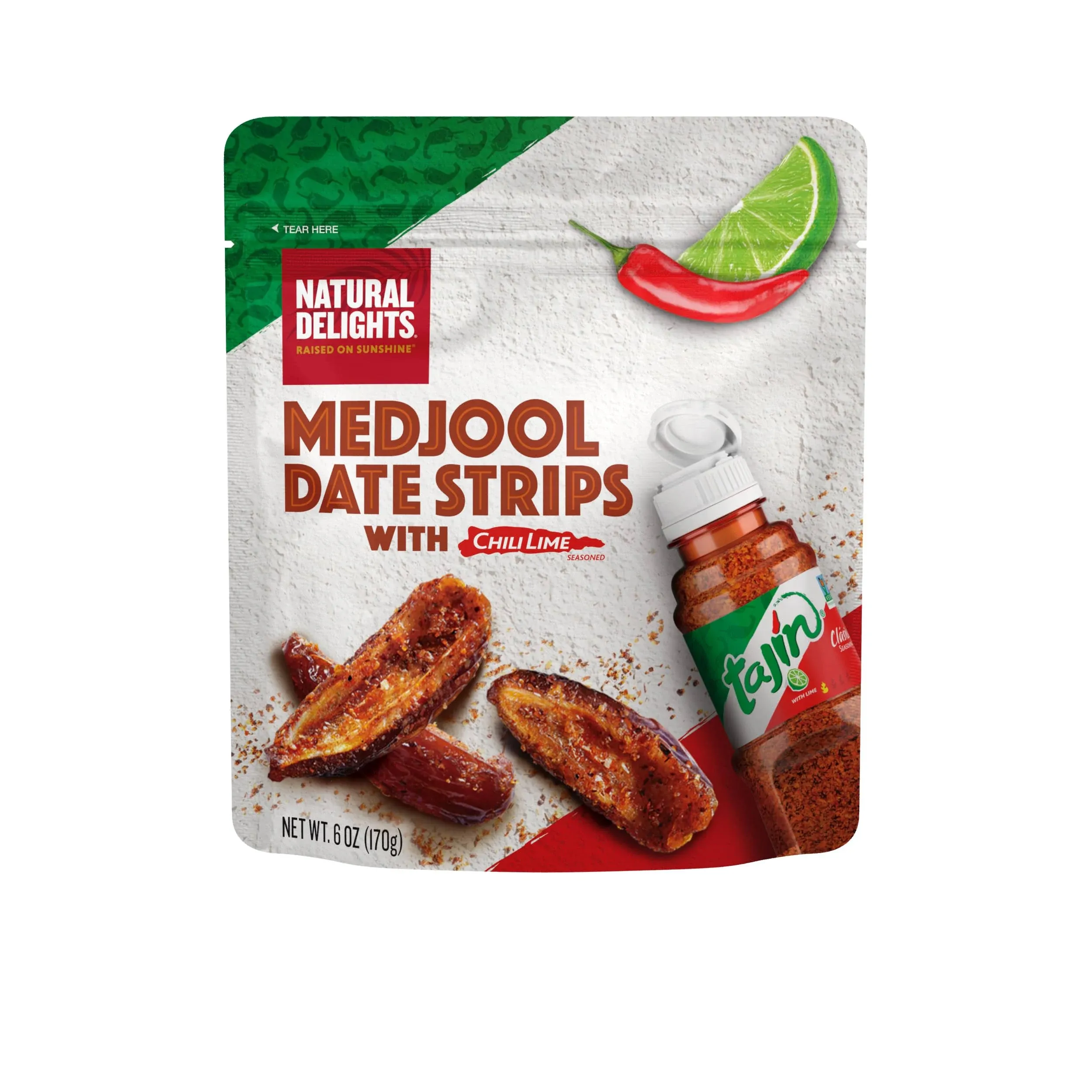 Natural Delights Medjool Date Strips with Tajin - Fresh Medjool Date Slices with Tajin Chili Lime Seasoning, Naturally Sweet and Spicy Healthy Fruit Snack, Perfect for On-the-Go Snacking, 6 oz. Pouch