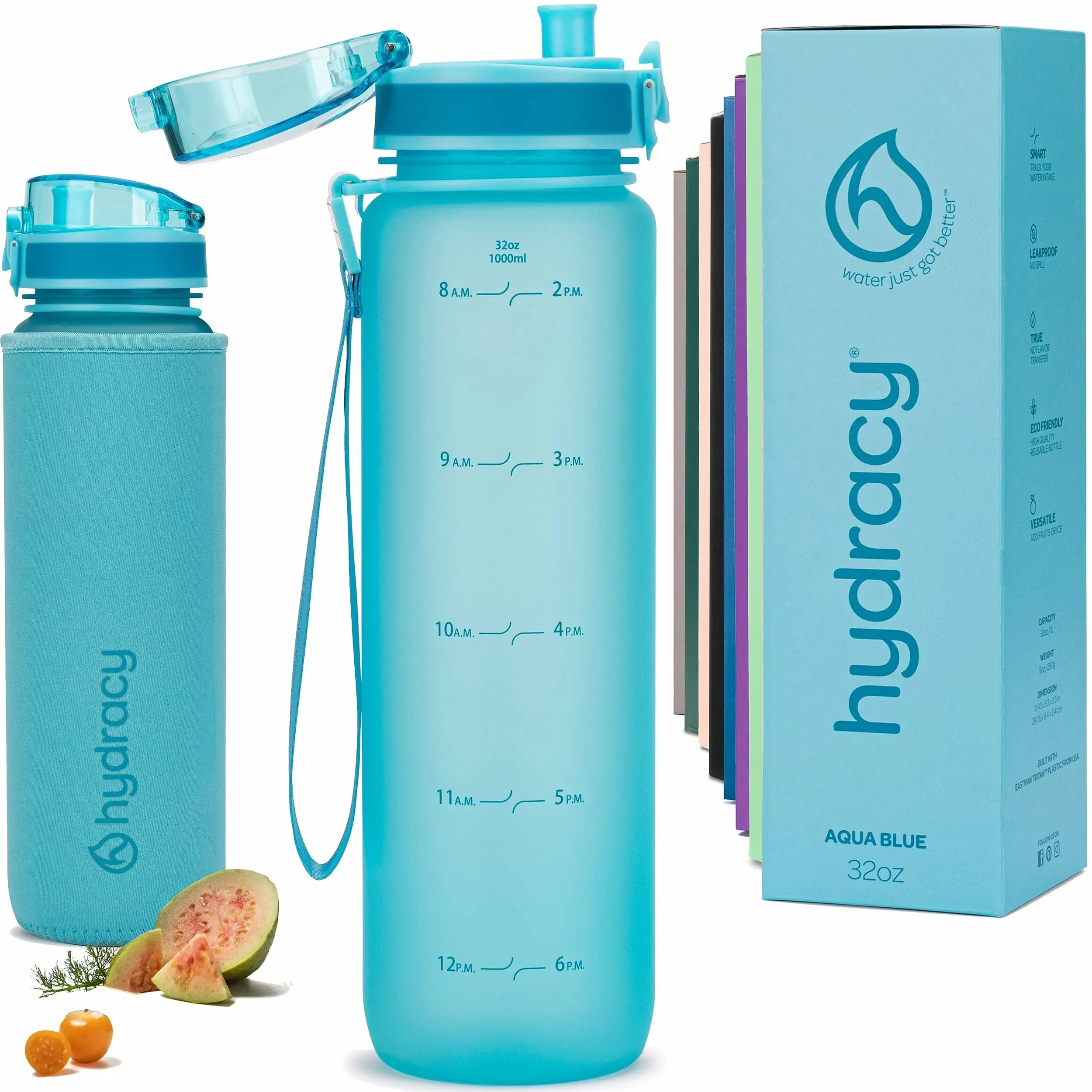 Hydracy Water Bottle with Time Marker -Large BPA Free Water Bottle & No Sweat Sleeve -Leak Proof Gym Bottle with Fruit Infuser Strainer & Times to Drink -Ideal Gift for Fitness Sports & Outdoors