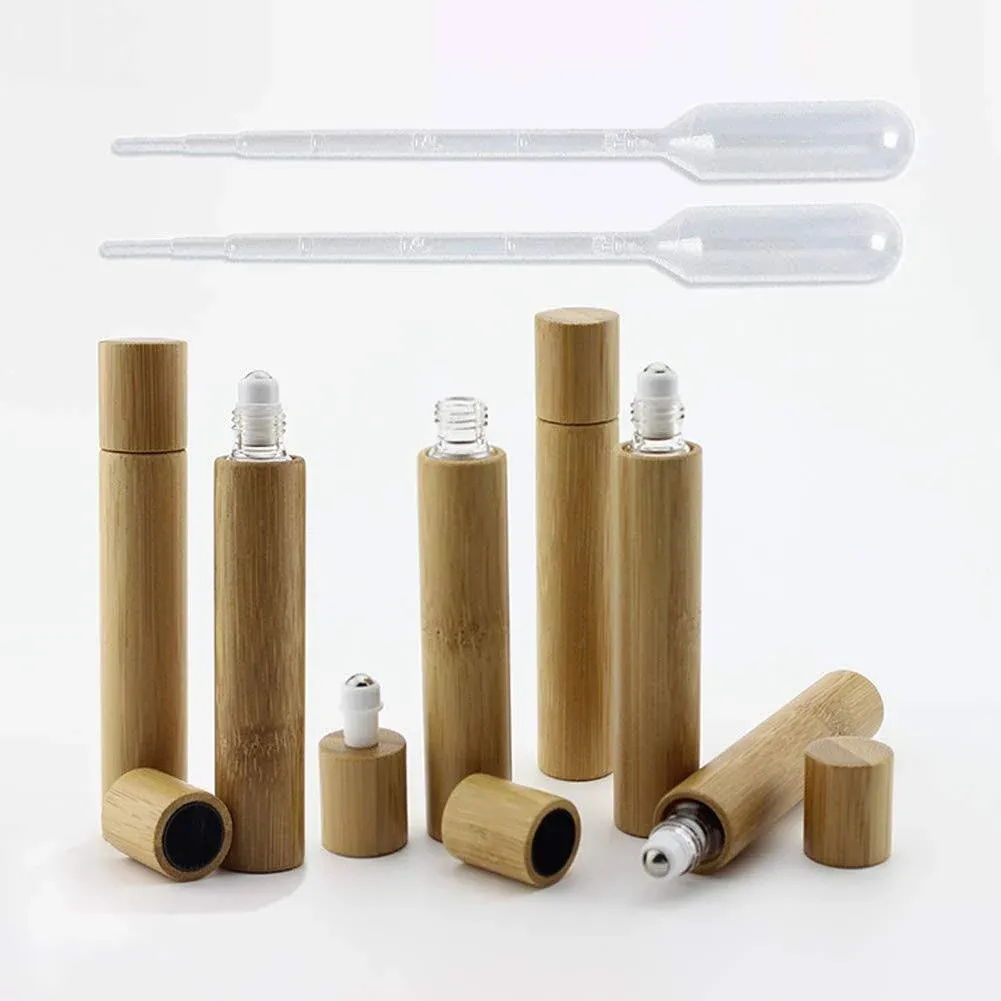 6 Pieces Roll On Bottles 10ml Bamboo Shell Clear Glass Roller Bottles Empty Refillable Essential Oil Roller Bottles with Stainless Steel Roller Ball and 2 Pieces 3ml Dropper