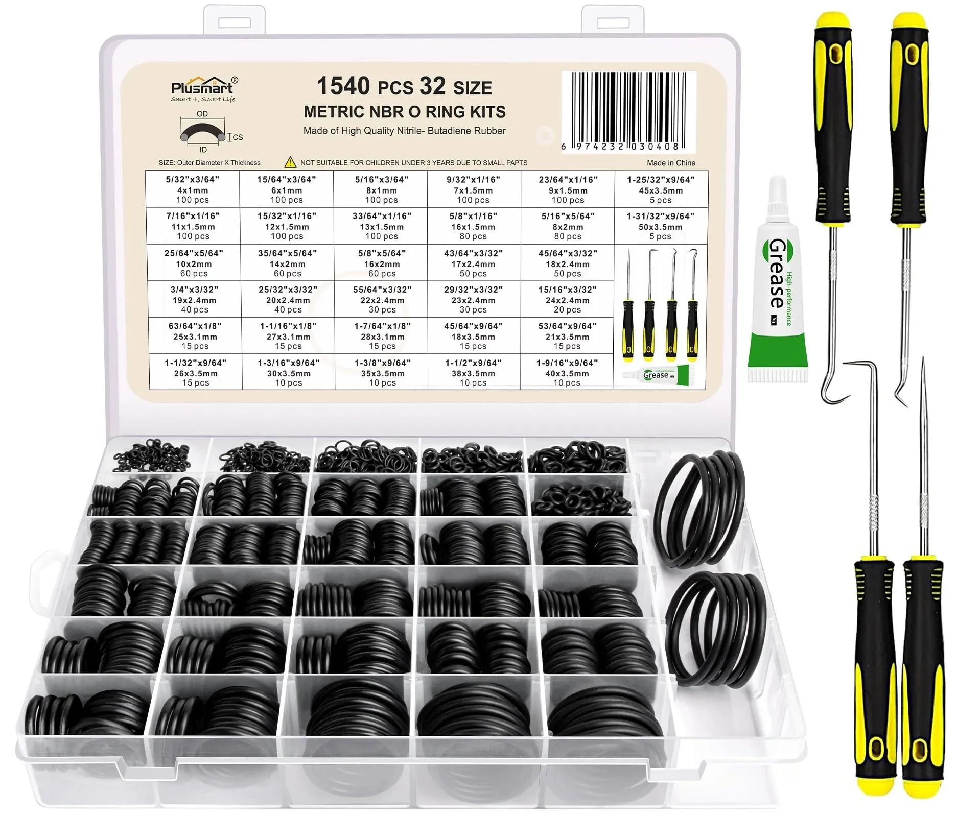 O Ring Kit, 1540 Pcs Rubber O-Ring Assortment Kit, Plusmart 32 Sizes Washer Gasket Set for Pressure Washer, Plumbing Sealing Repair, Air or Gas