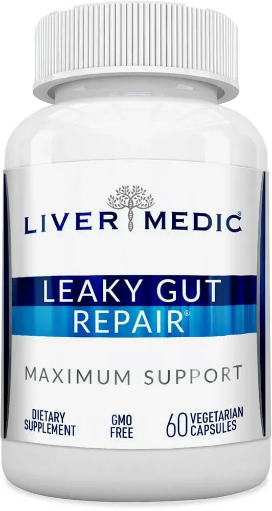 Liver Medic Leaky Gut Repair Maximum Support, Gut Health L-Glutamine Supplement with Slippery Elm Bark, for IBS, Heartburn Relief & More, Non-GMO Gut Health Supplements for Women & Men, 60 Capsules