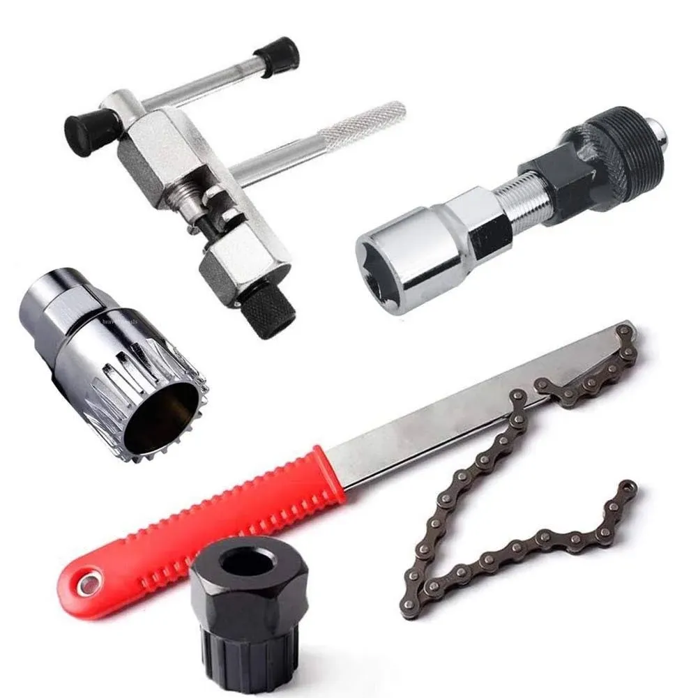 5 in 1 Bicycle Repair Tool Set Chain Whip Wheel Sprocket Remove Tool Crank Puller Bottom Bracket Remover Freewheel Cassette Remover Chain Breaker