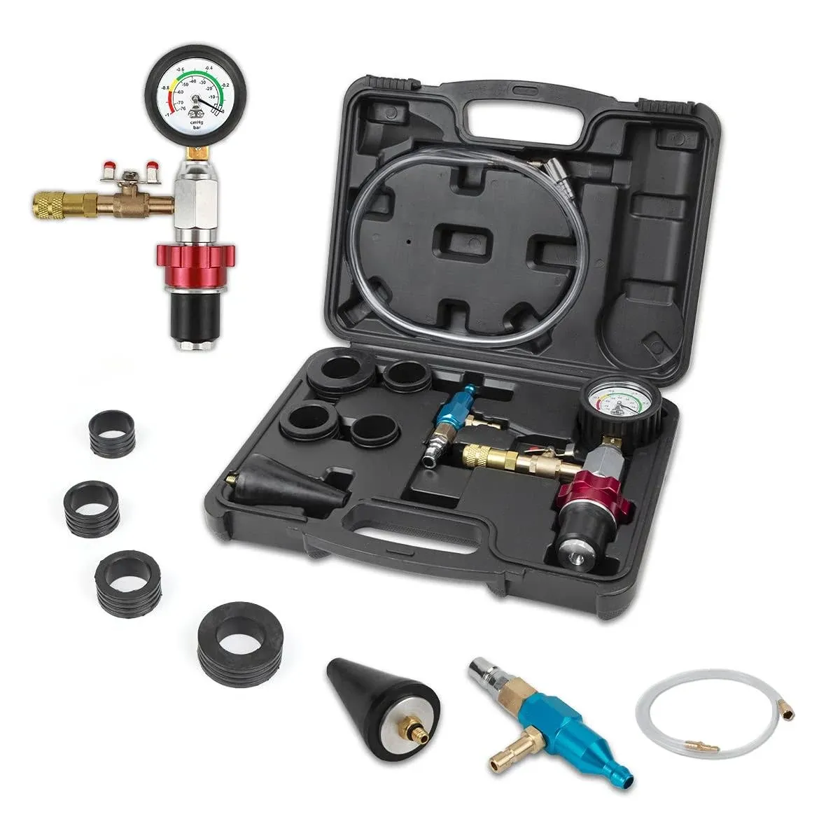 Coolant Vacuum Refill Kit Time-saving Vacuum Coolant Refill Kit Well-sealed Cooling System Vacuum Purge & Refill Kit with Pressure Gauge, 5 Sizes Adapters, Long Coolant Filling Hose for All Vehicles