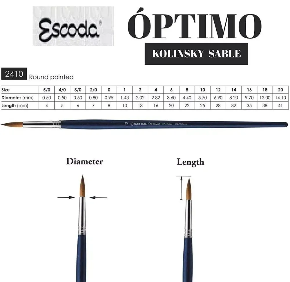 Escoda Optimo Kolinsky Sable Brush - Pointed Round, Long Handle, Size 4/0