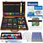 Shuttle Art 118 Piece Deluxe Art Set, Art Supplies in Wooden Case, Painting Drawing Art Kit with Acrylic Paint Pencils Oil Pastels Watercolor Cakes Coloring Book Watercolor Sketch Pad for Kids Adults