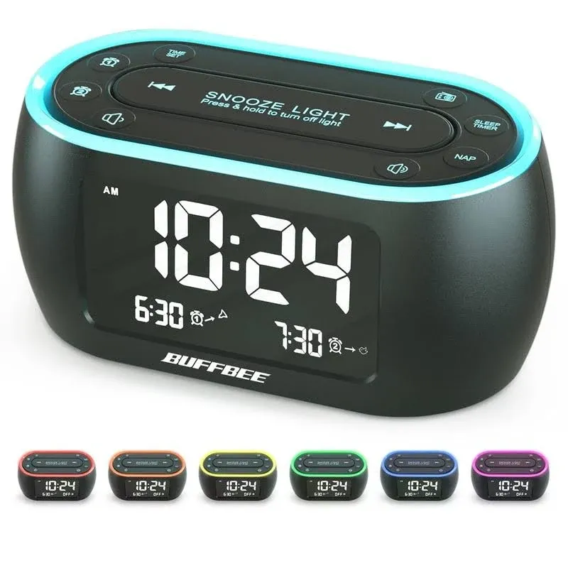 Glow Small Alarm Clock Radio for Bedrooms with 7 Color Night LightTimer, Bedside