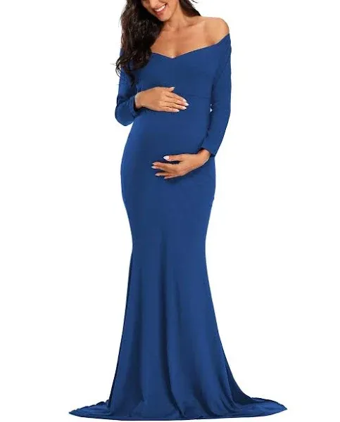 Ecavus Womens Off Shoulder Maternity Dress Slim Cross-Front V Neck Long Sleeve