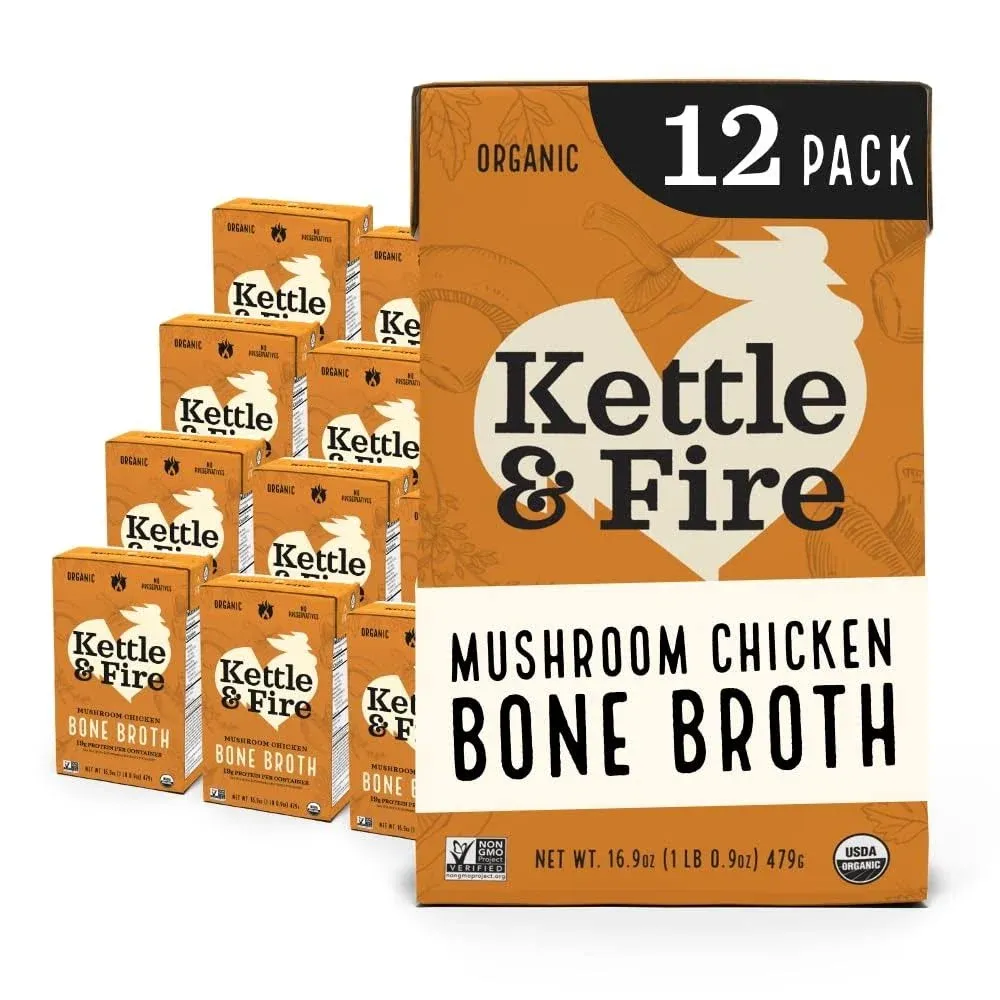 Kettle and Fire Mushroom Chicken Bone Broth, Keto, Paleo and Whole 30 Approved, Gluten Free, High in Protein and Collagen, 12 Pack