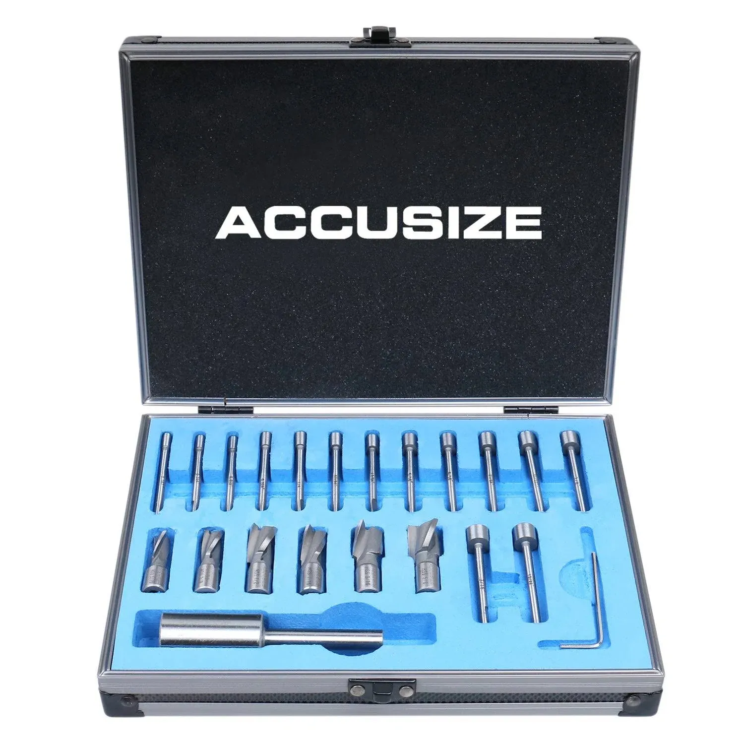 Accusize Industrial Tools 39 Pc Straight Shank H.S.S. Interchangeable Pilot Counterbore Set, Counterbores from 1/4'' up to 1'' by 16ths, 500S-A000