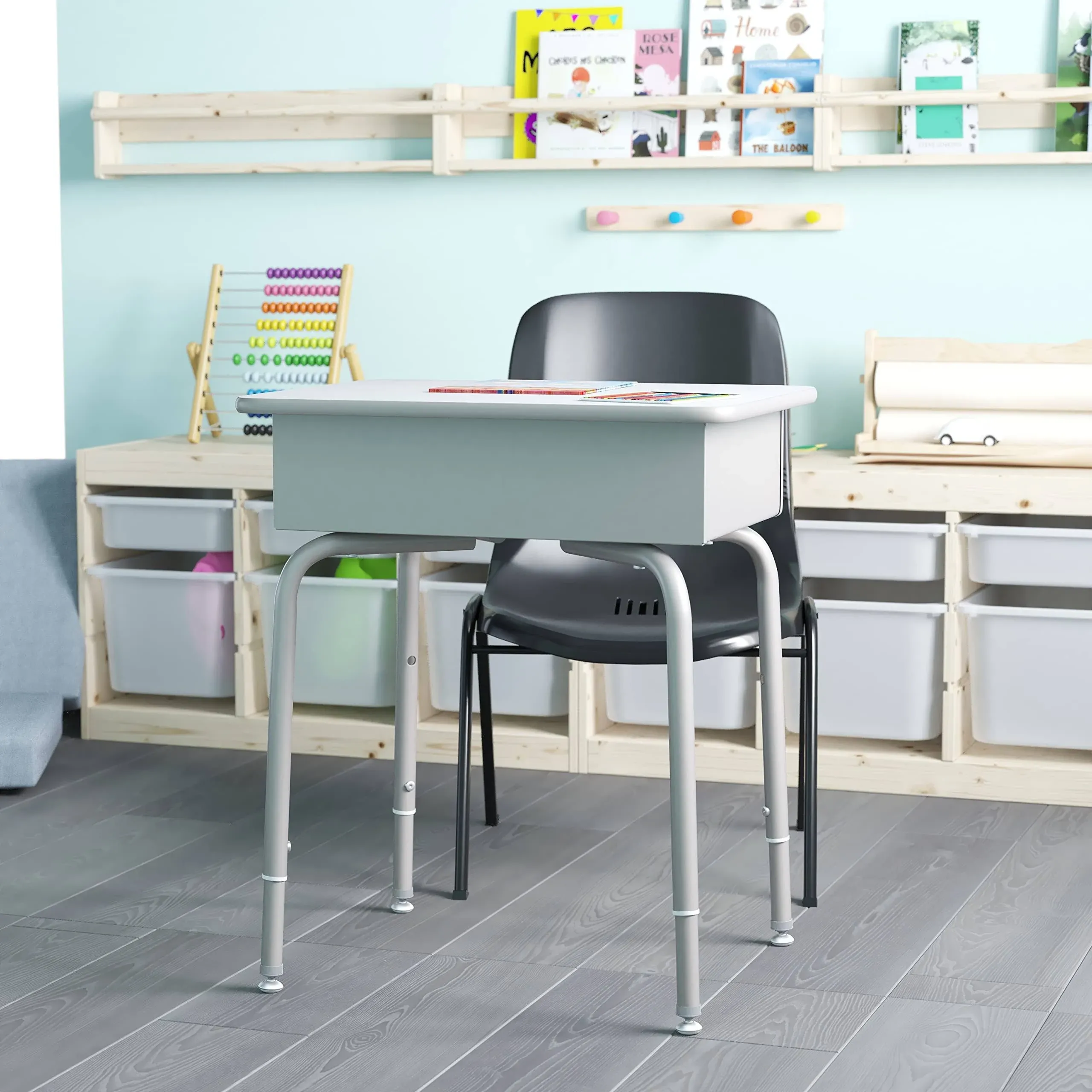 EMMA + OLIVER Gray Student Desk with Open Front Metal Book Box - School Desk