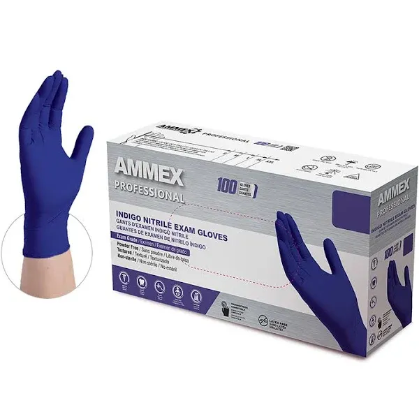 Ammex Nitrile Exam Latex Free Disposable Gloves, Blue, Large - 100 count