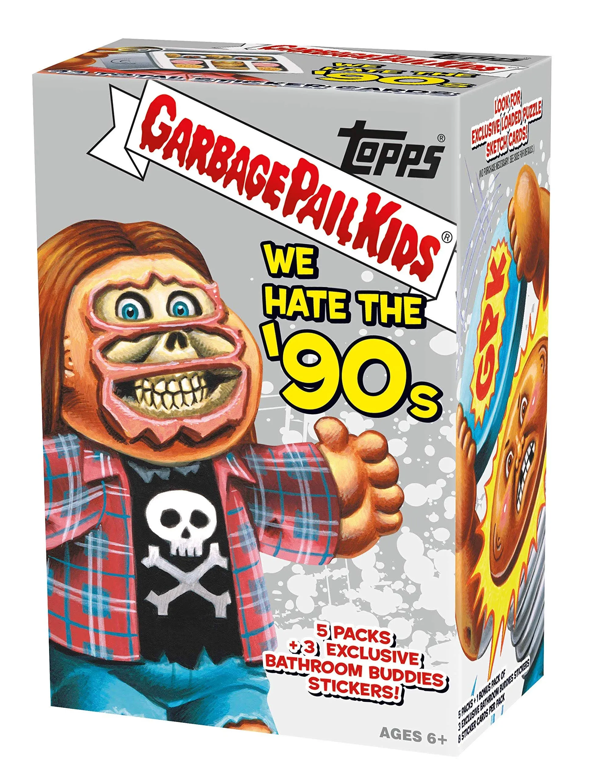 Garbage Pail Kids Topps 2019 We Hate the &#x27;90s Trading Card Sticker BLASTER Box 5 Packs + 3 Exclusive Bathroom Buddies Stickers