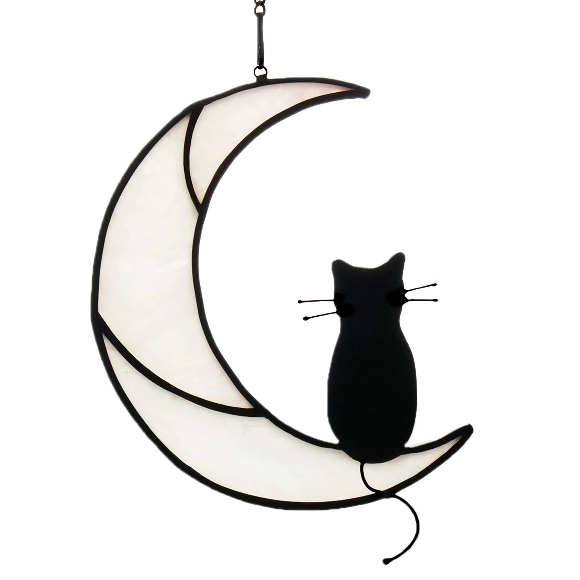 Black Cat On White Moon Stained Glass Window Hangings Ornament,Cat Memorial Gifts,Cat Gifts for Mom,Cat Themed Gifts for Cat Lovers