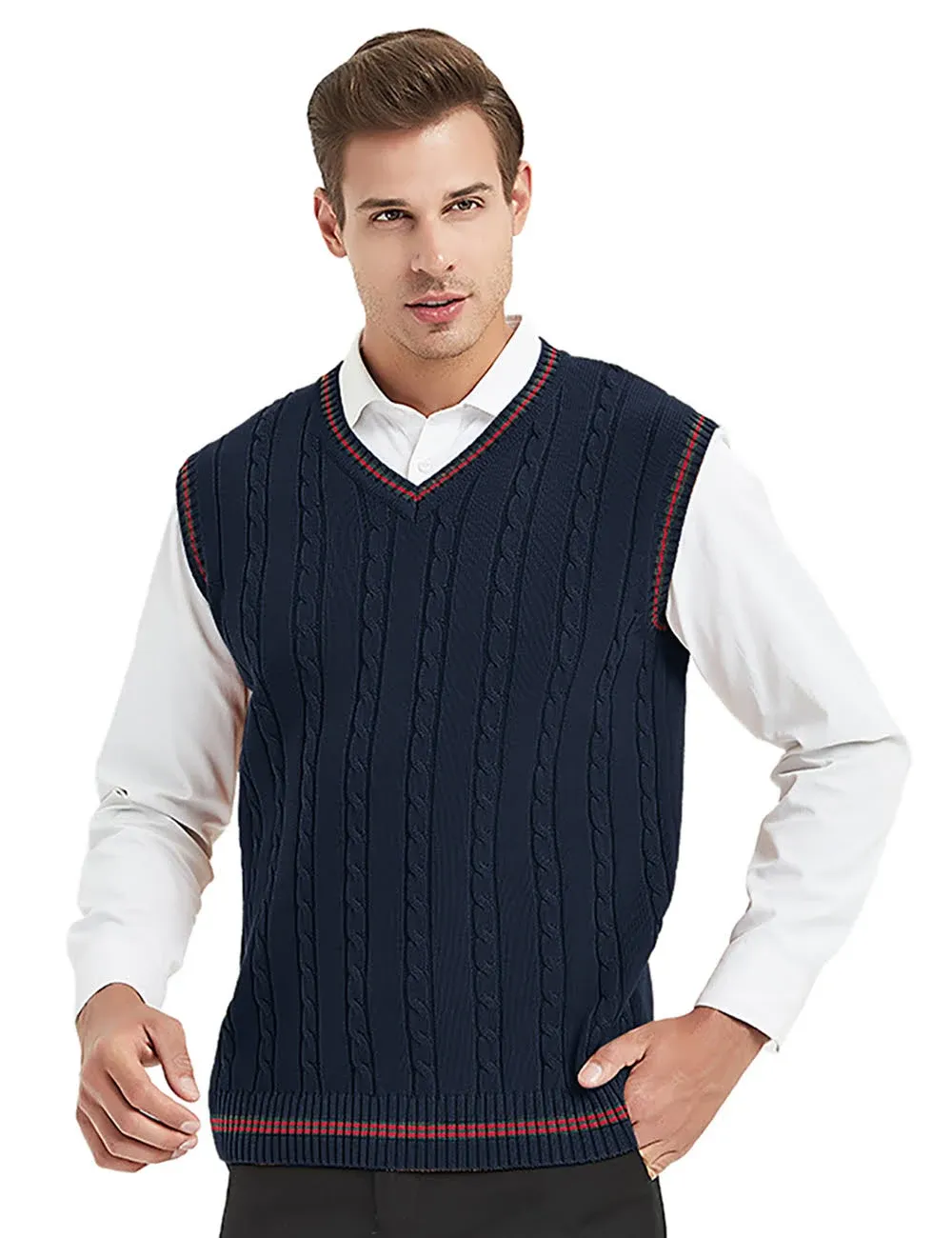 TopTie Men's V-Neck Cotton Twist Knit Sweater Vest Green and Red Trim