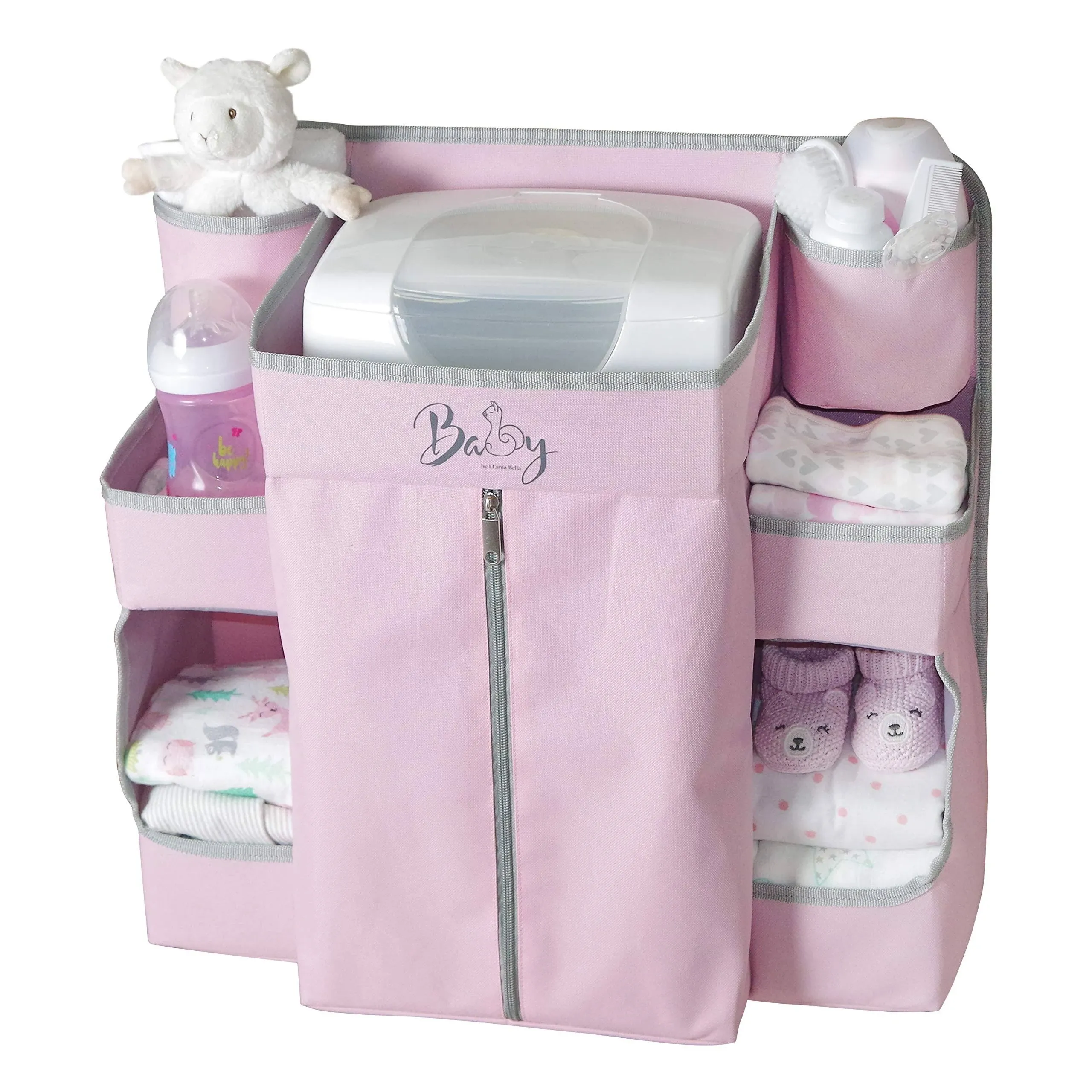 Llama Bella Premium Nursery Organizer and Baby Diaper Caddy | Diaper Organization and Storage of Baby Essentials for Cribs & More - Pink