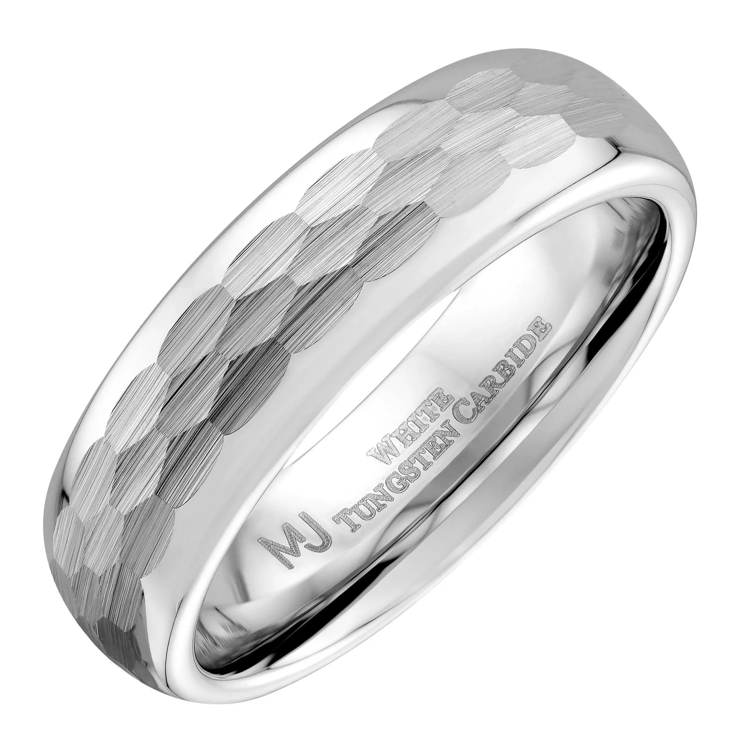 White Tungsten Carbide Hammered Center 6mm or 8mm Wedding Band Ring