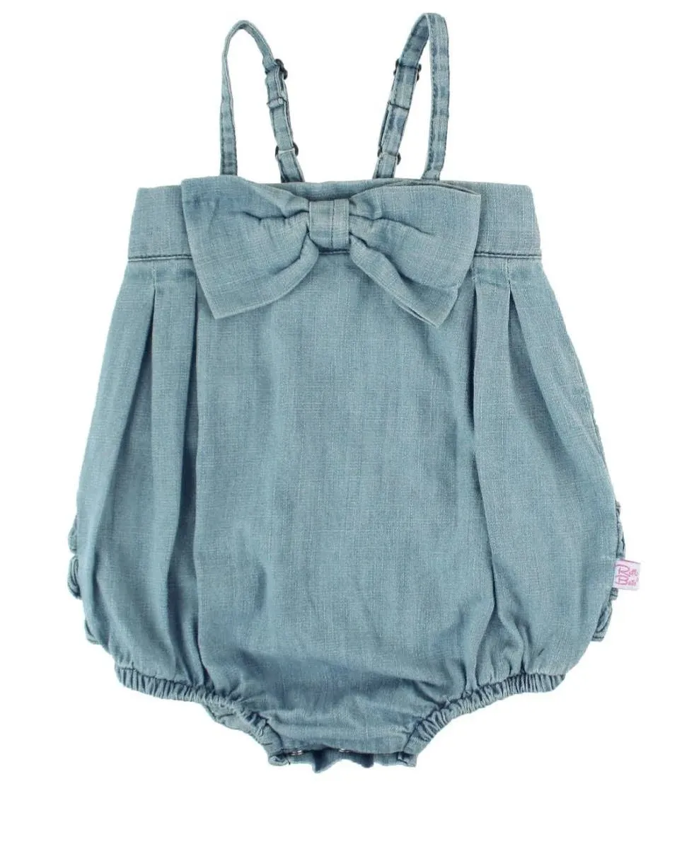 RuffleButts® Baby/Toddler Girls Light Wash Denim Bow-Front Bubble Romper