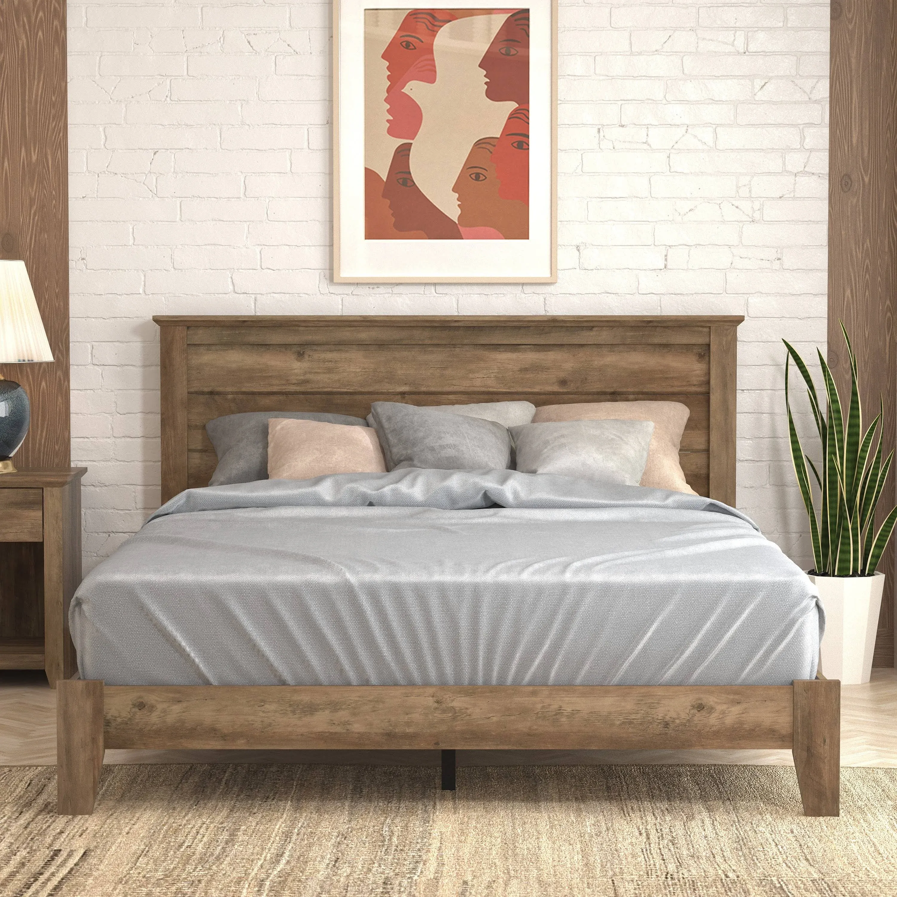 Tiena Knotty Oak Wood Frame Queen Bed With Headboard