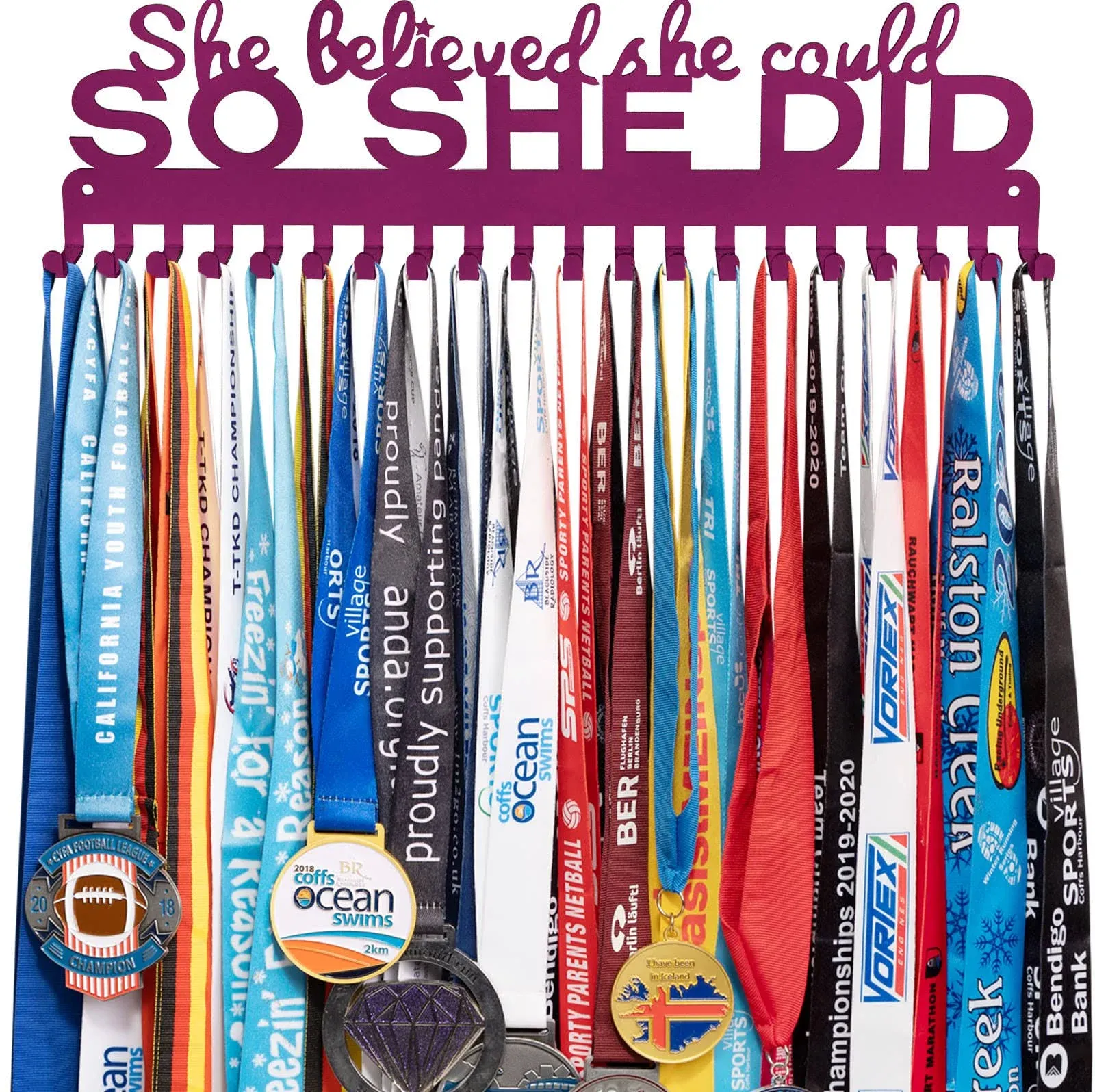 She Believed She Could SO SHE DID Medal Hanger Holder Display Wall Rack Frame-Running Medal Hanger Display Awards Ribbon Cheer,Marathon,Gymnastics,Soccer,Softball