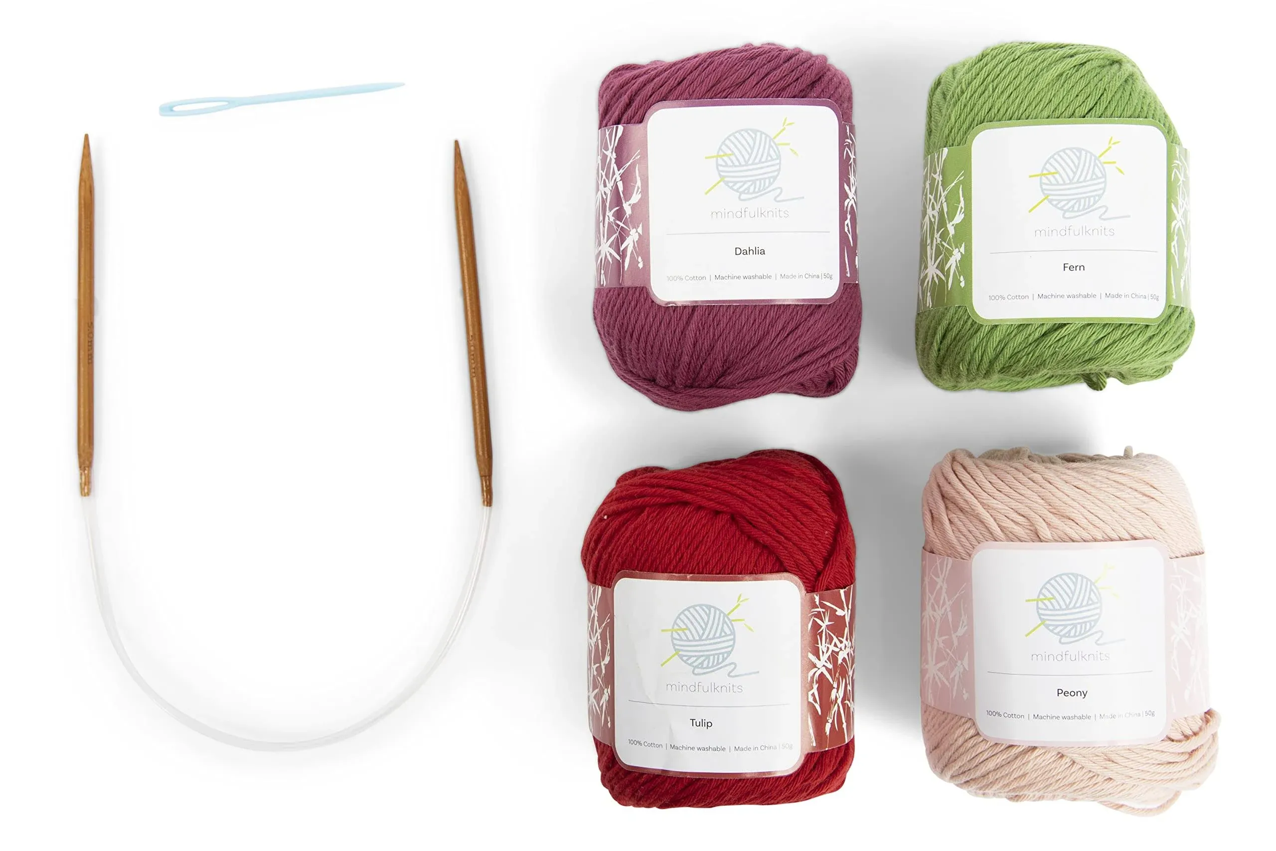 mindfulknits - Beginners Washcloth Knitting Kit - Includes 100% Cotton Knitting Yarn + Circular Knitting Needles & Yarn Needle (Flora Colored Cotton Yarn) - Mindful Crafting Kit