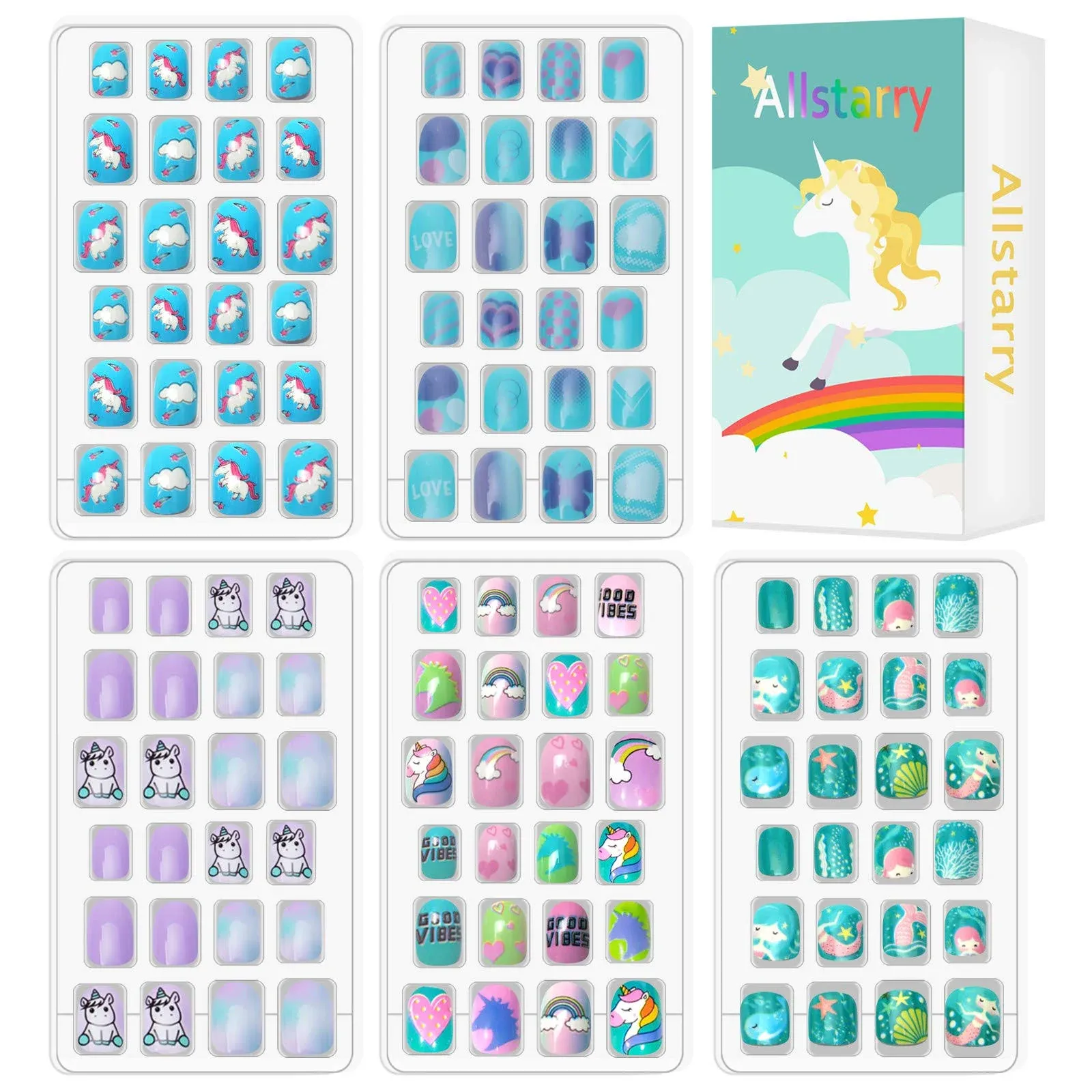 Allstarry 120pcs 5 Pack Children Nails Press on Pre-glue Full Cover Glitter ...