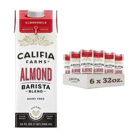 Califia Farms - Original Almond Barista Blend Almond Milk 32 oz (Pack of 6), Shelf Stable, Dairy Free, Plant Based, Vegan, Gluten Free, Non Gmo, High