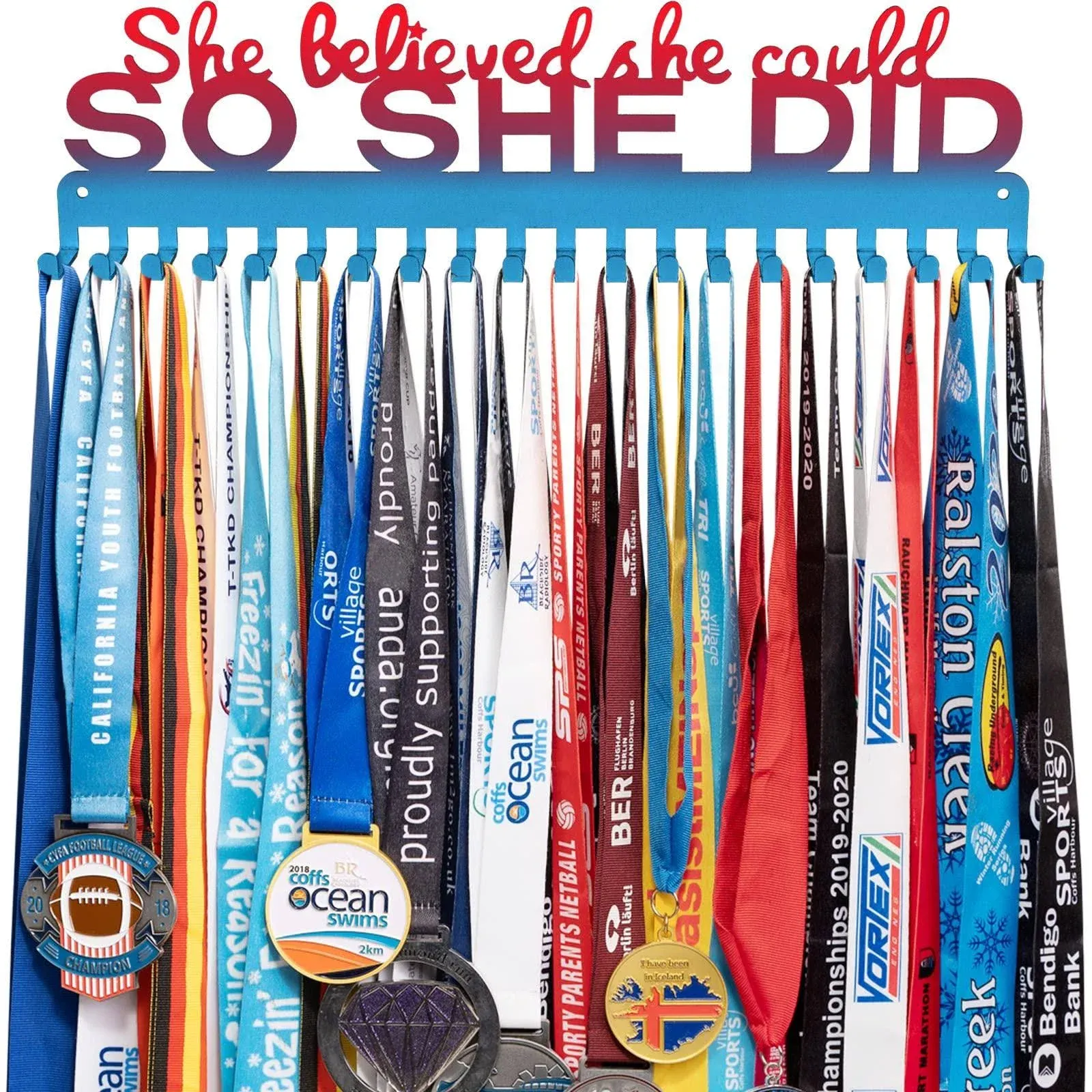 She Believed She Could SO SHE DID Medal Hanger Holder Display Wall Rack Frame-Running Medal Hanger Display Awards Ribbon Cheer,Marathon,Gymnastics,Soccer,Softball