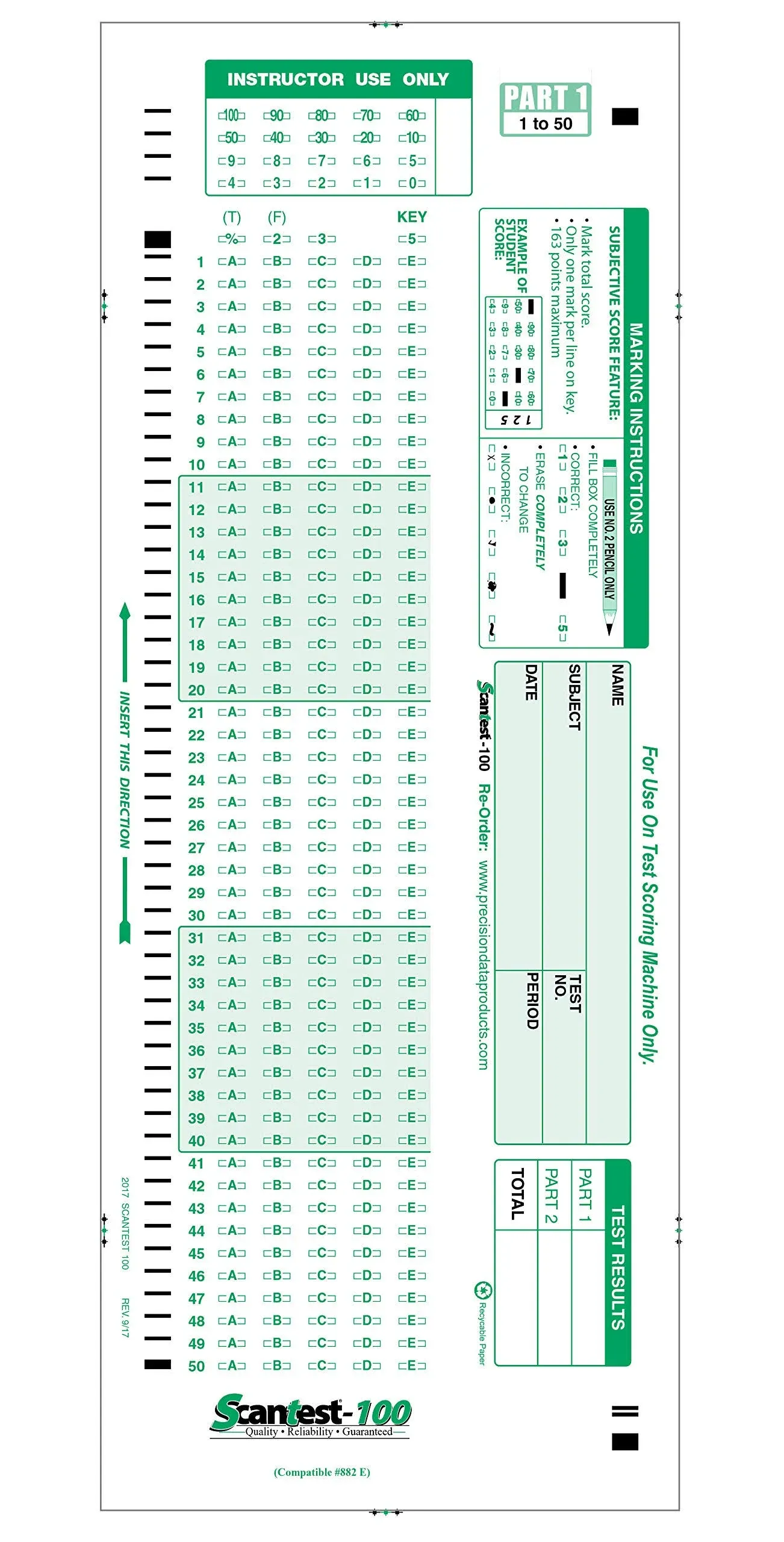 SCANTEST-100, 882 E Compatible Testing Forms (100 Sheet Pack)