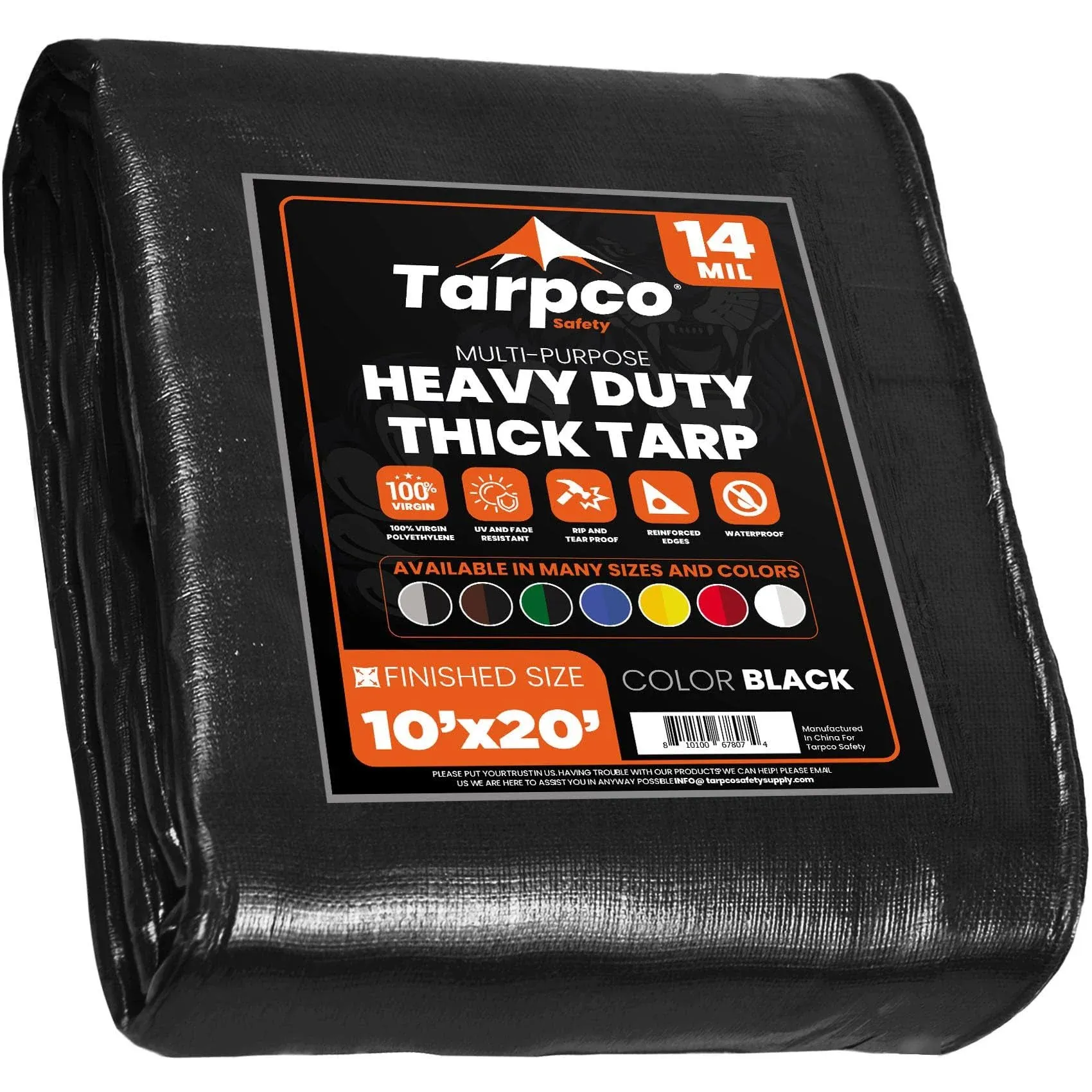 Tarpco Safety 10' x 20' Black Extra Heavy-Duty Weatherproof 14 Mil Poly Tarp with Reinforced Edges