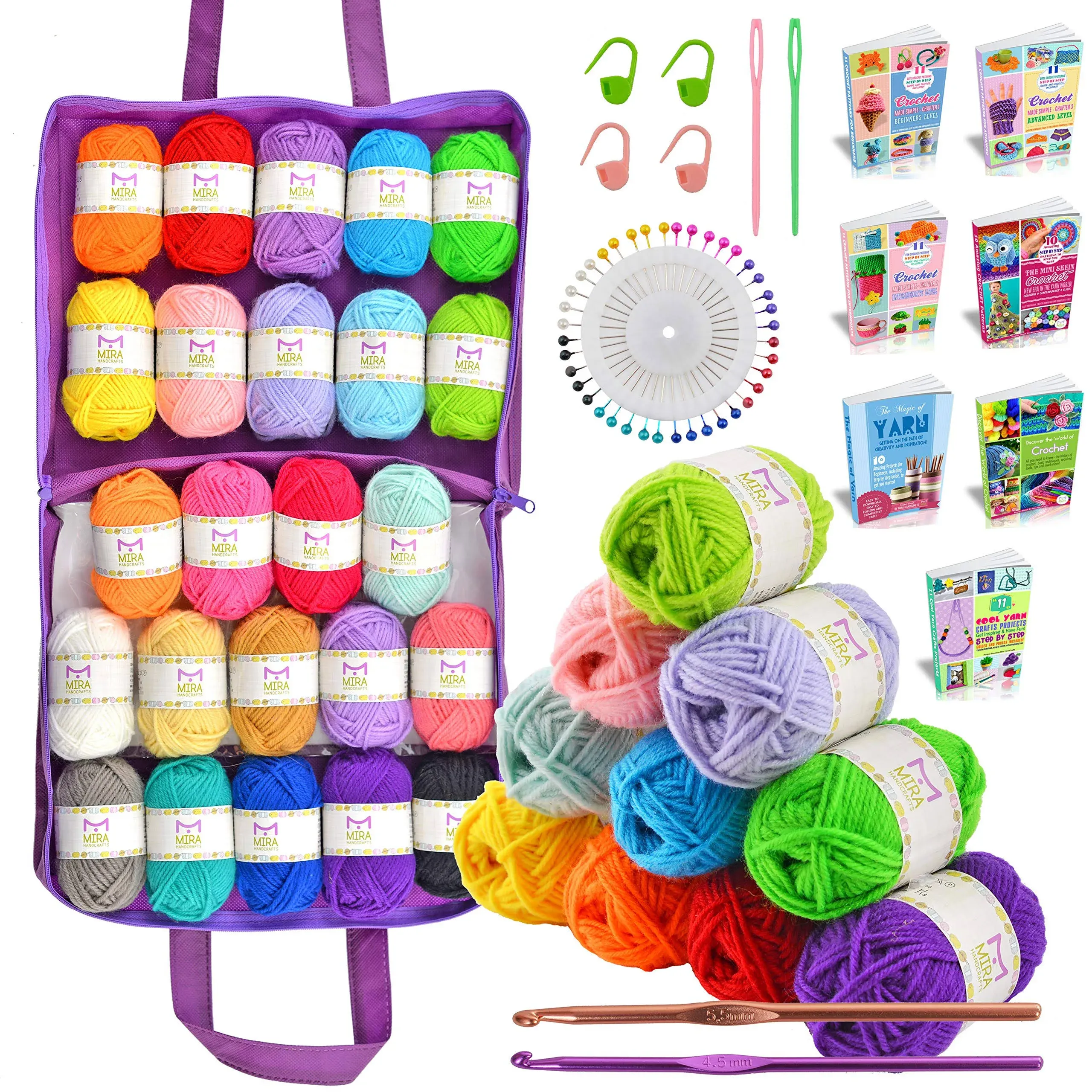 Mira Handcrafts Crochet Kit for Beginners | 24 Skeins of Colorful Acrylic Yarn ...