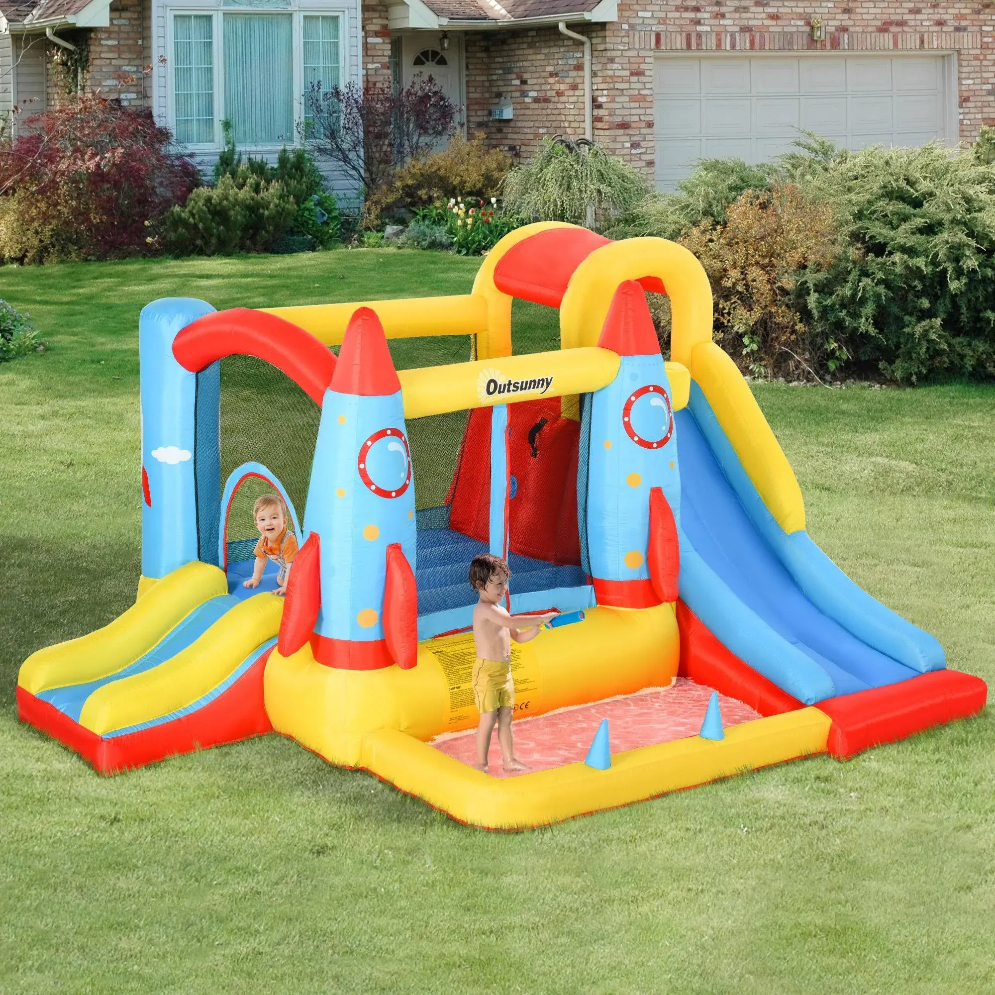 Outsunny Kids Inflatable Water Slide, 4-in-1 Bounce House Jumping Castle with 2 Slides, Climbing Wall, Trampoline, & Water Pool Area, Air Blower