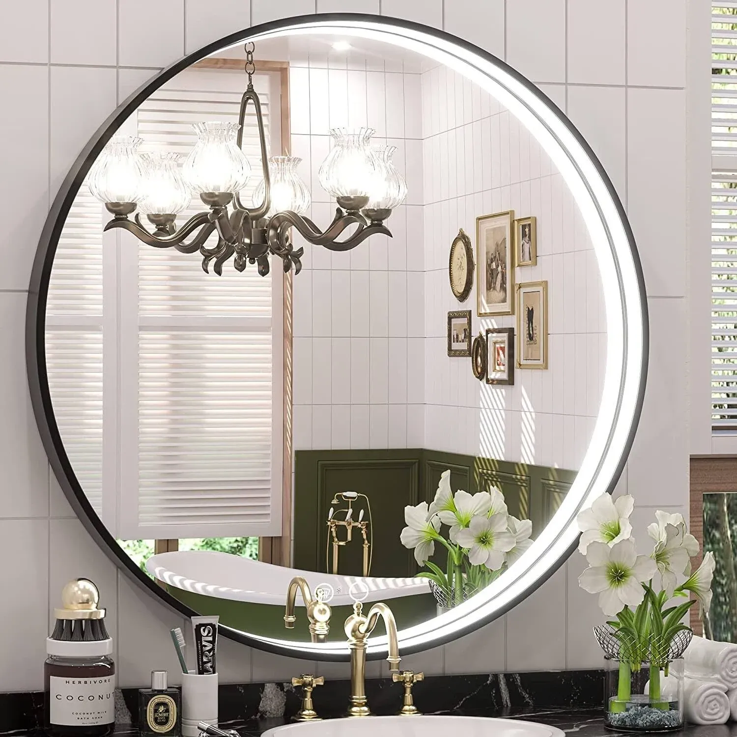 KEONJINN Round LED Bathroom Vanity Wall Mounted Metal Framed