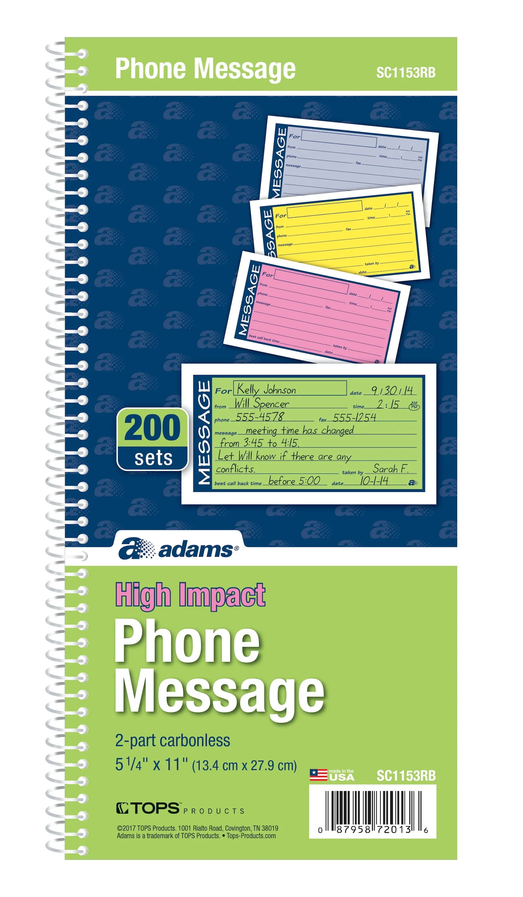 Adams SC1153RB 2-Part Carbonless Wire Bound Phone Message Book with 200 Forms