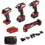 SKIL 5-Tool ComboKit: PWRCore 12 Brushless 12V Drill Driver, Impact Driver, Oscillating MultiTool, Area Light and Bluetooth Speaker, Includes Two 2.0Ah Lithium Batteries and PWRJump Charger - CB736801