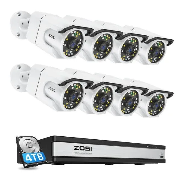 ZOSI 24CH 4K PoE Security Camera System with Audio,8pcs 8MP 4K PoE Cameras Outdoors,Color Night Vision,Human Detection,Smart Light Alarm,16 Port 24CH NVR with 4TB HDD for Home Business 24/7 Recording