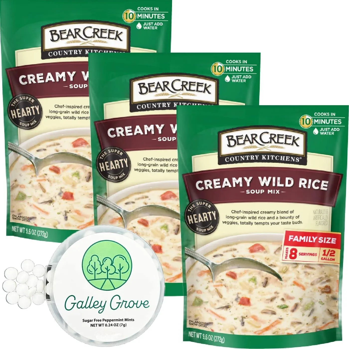 Bear Creek Creamy Wild Rice Dry Soup Mix Starter Kit Bulk (3-Pack) Pre-Packaged, Cooks in 10 Minutes, 24 Servings Bundle With Galley Grove Sugar Free Breath Mints