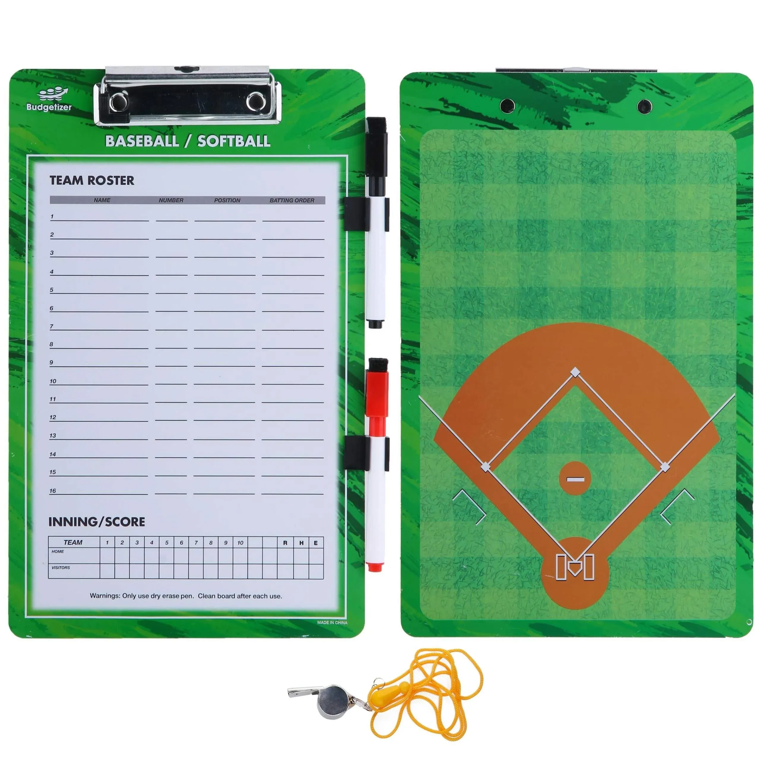 Budgetizer Baseball Coaches Dry Erase Clipboard Softball Double Sided Lineup Board Bundled with Whistle and Dry Erase Markers