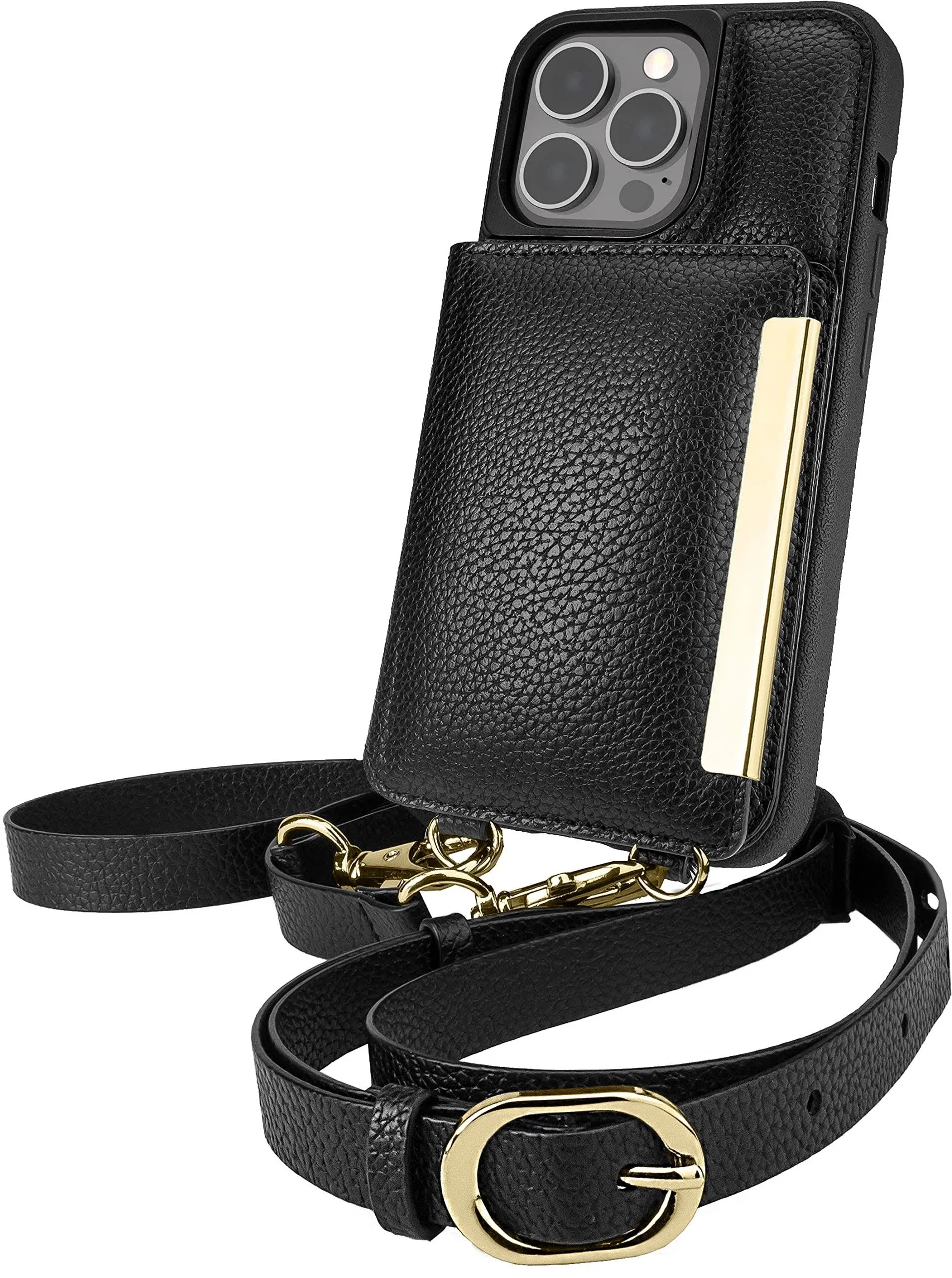 Smartish iPhone 13 Pro Crossbody Wallet Case for Women - Dancing Queen [Purse/Clutch with Detachable Strap & Wristlet] Protective Cover with Credit Card Holder - Stiletto Black-Gold