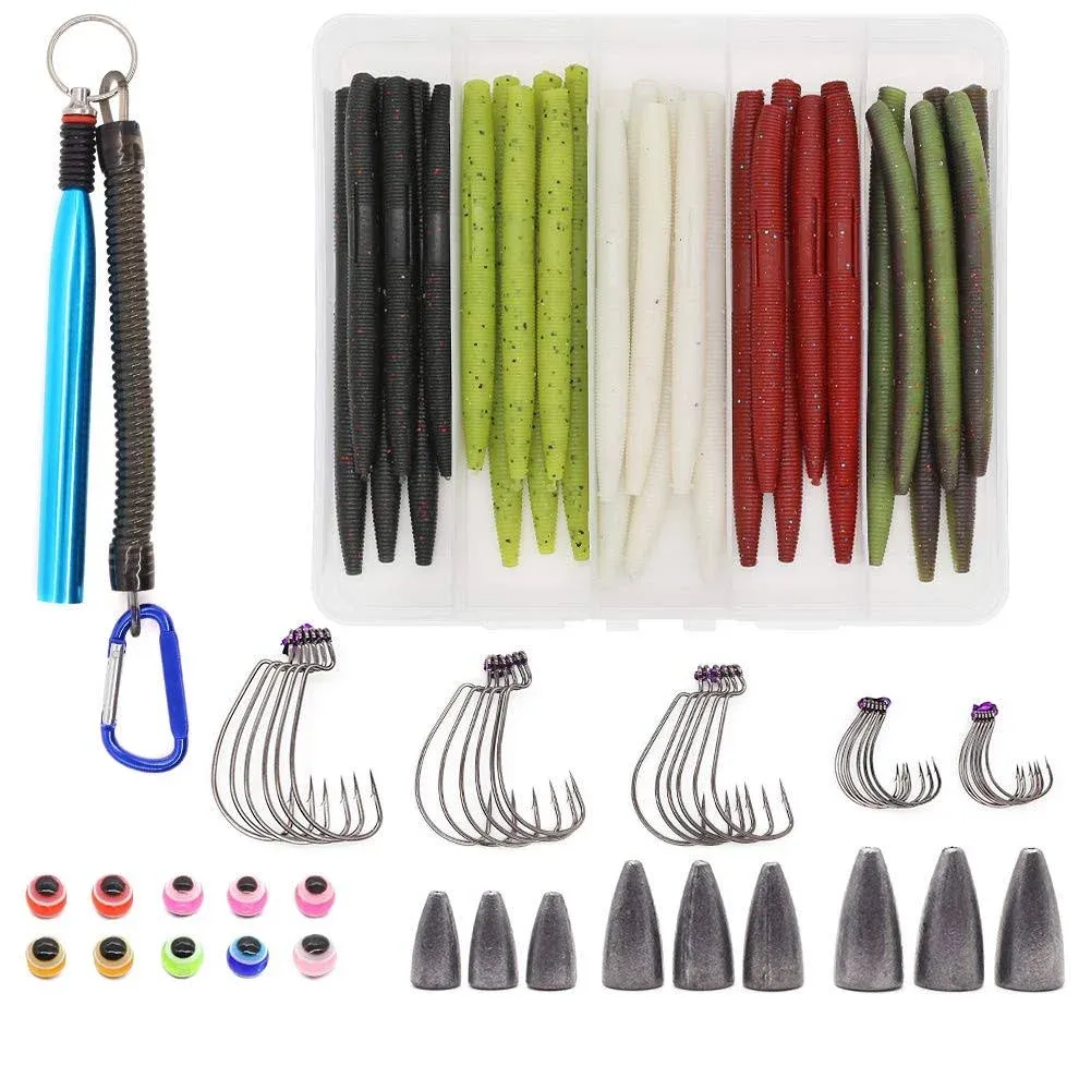 Wacky-Worms-Bass-Fishing-Lure-Kit-Wacky-Rig-Worms-Soft-Plastic-Stick-Baits3 4" 5" 6 inch