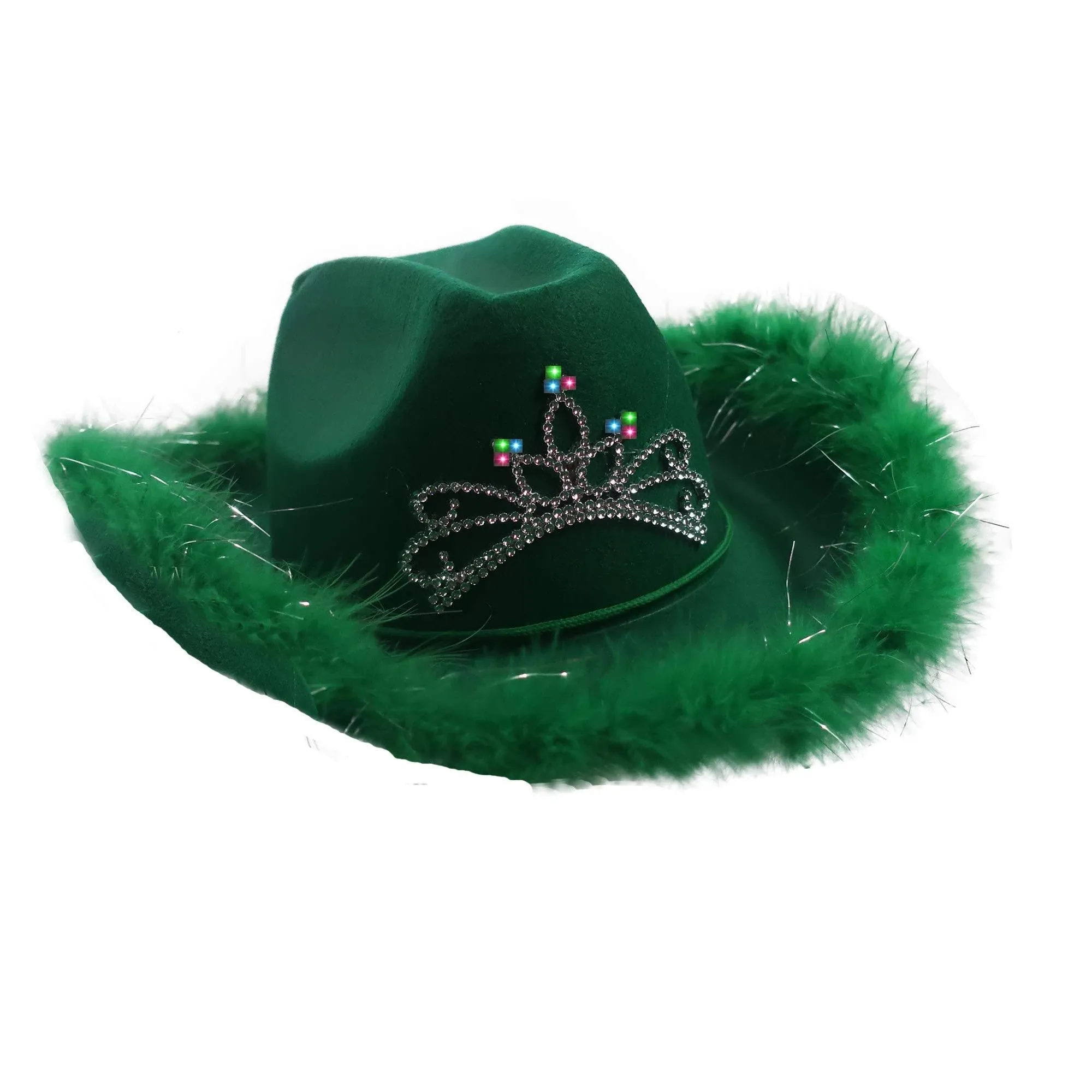 Cowgirl Hat with Feather Trim and Blinking Tiara - Felt Party Hats for Women, Cowboy and Cowgirl Parties