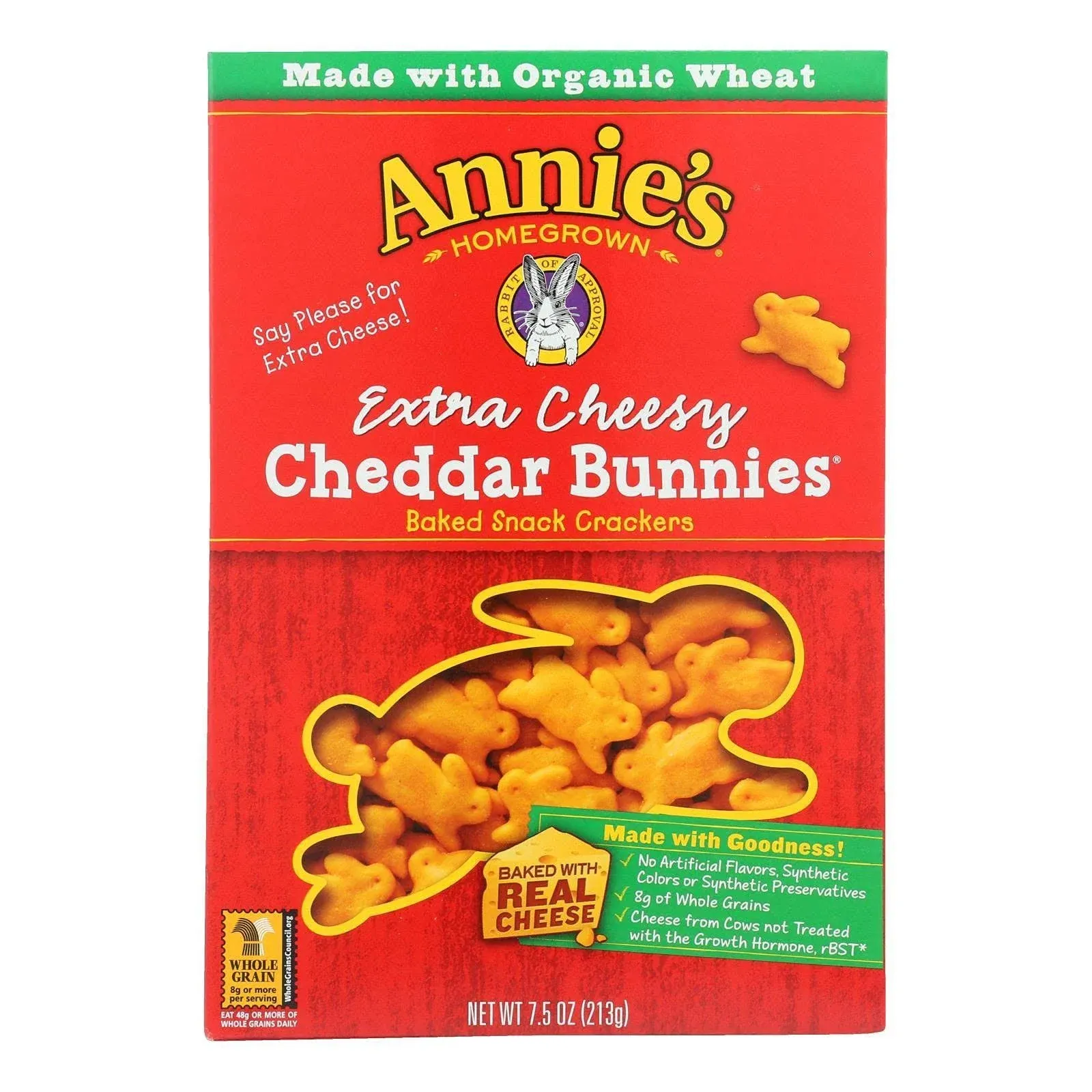 Annie's Organic Cheddar Bunnies Snack Crackers, Extra Cheesy, Baked With Real Cheese, 7.5 oz. (Pack of 12)