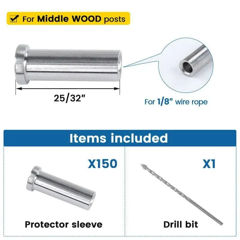 Muzata 150 Pack T316 Stainless Steel Protective Sleeves Cable Railing Kit Cable Railing Hardware for Wood Posts for 1/8" Deck Cable Railing System CR13