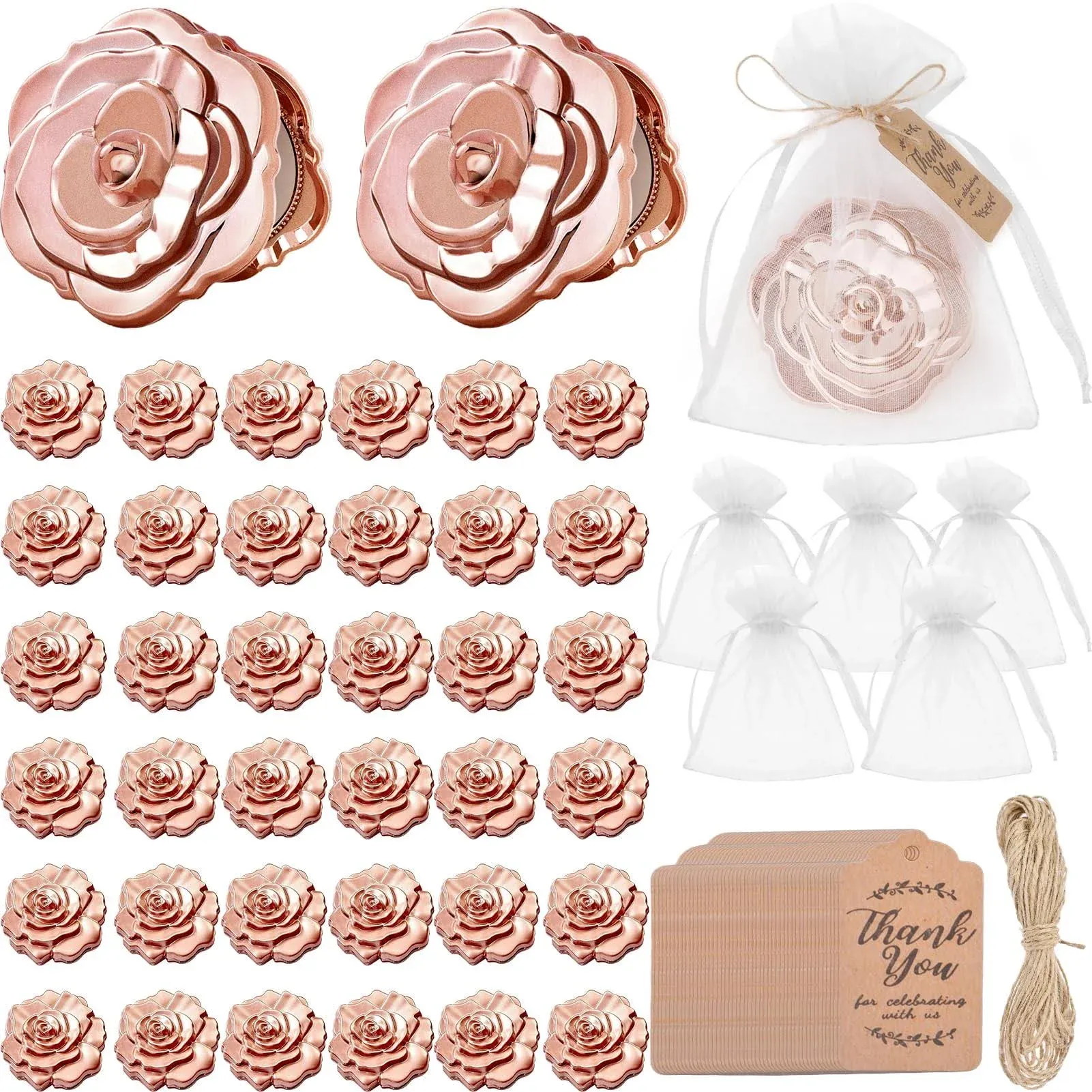 100 Set Rose Compact Mirrors Quinceanera Wedding Party Favors Including Rose Shape Mirrors and Thank You