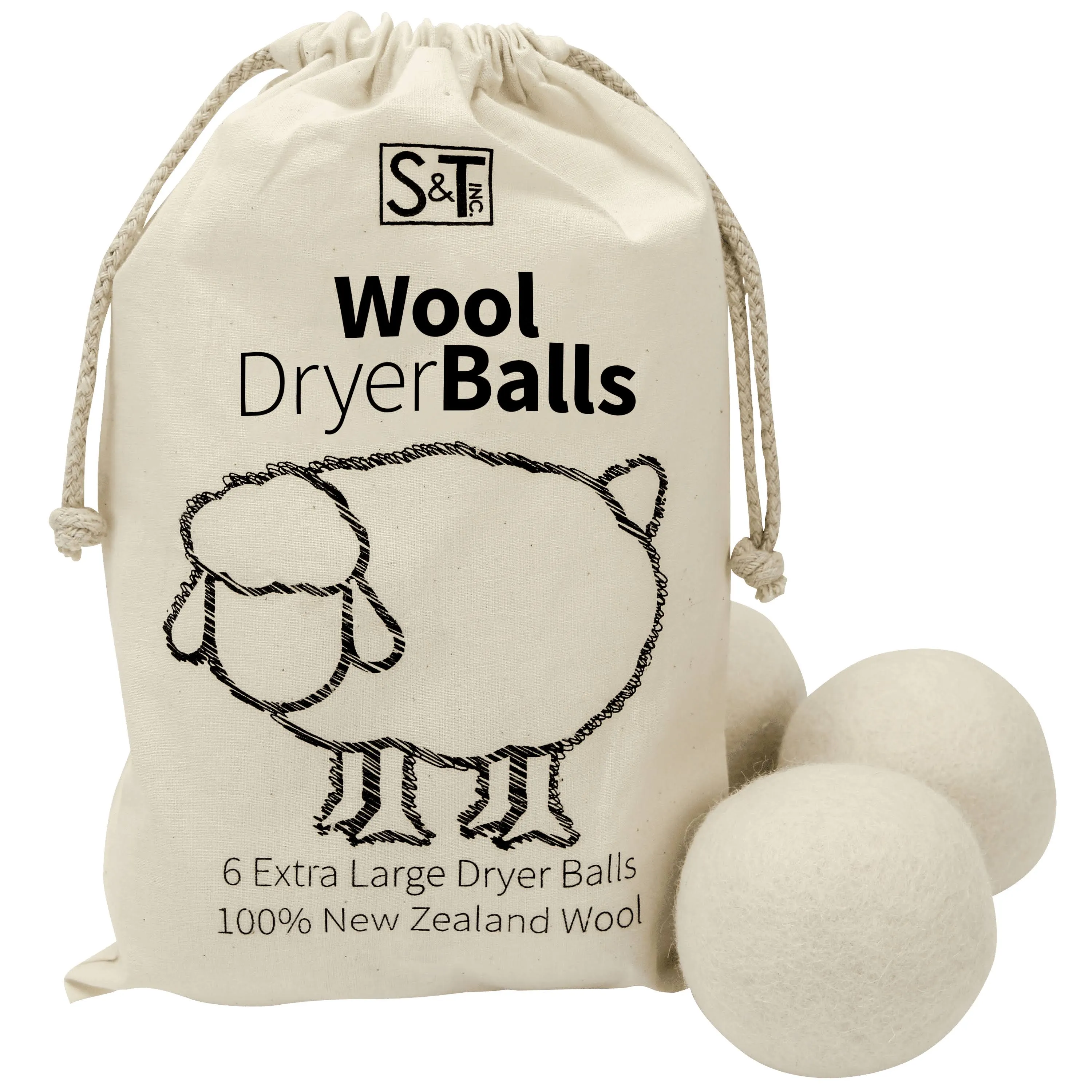 S&T Inc. XL New Zealand Wool Dryer Balls, Natural White, 6 Pack