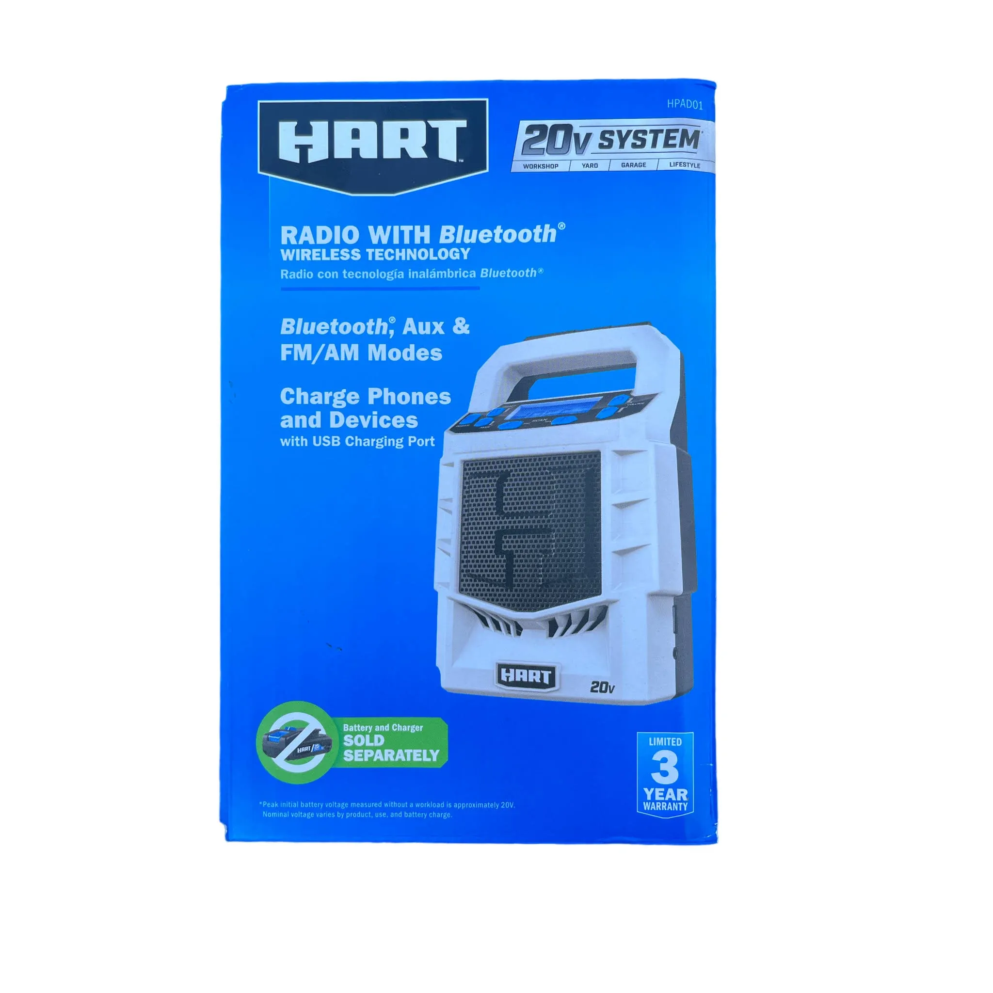 NEW - HART HPAD01 - Portable 20V FM Transmitter AM/FM Radio, White/Black